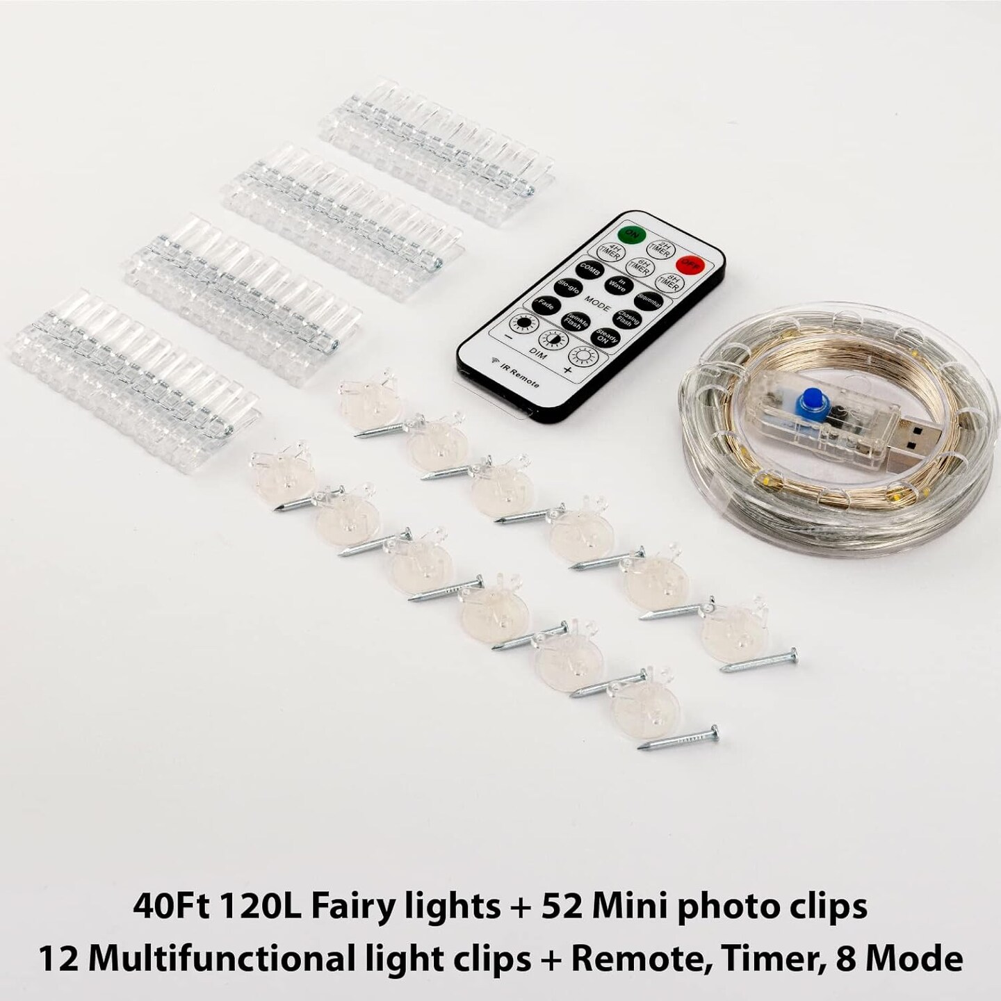 120LED 40Ft Fairy String Lights - USB Powered, Waterproof, Hooks & Timer (Warm White)