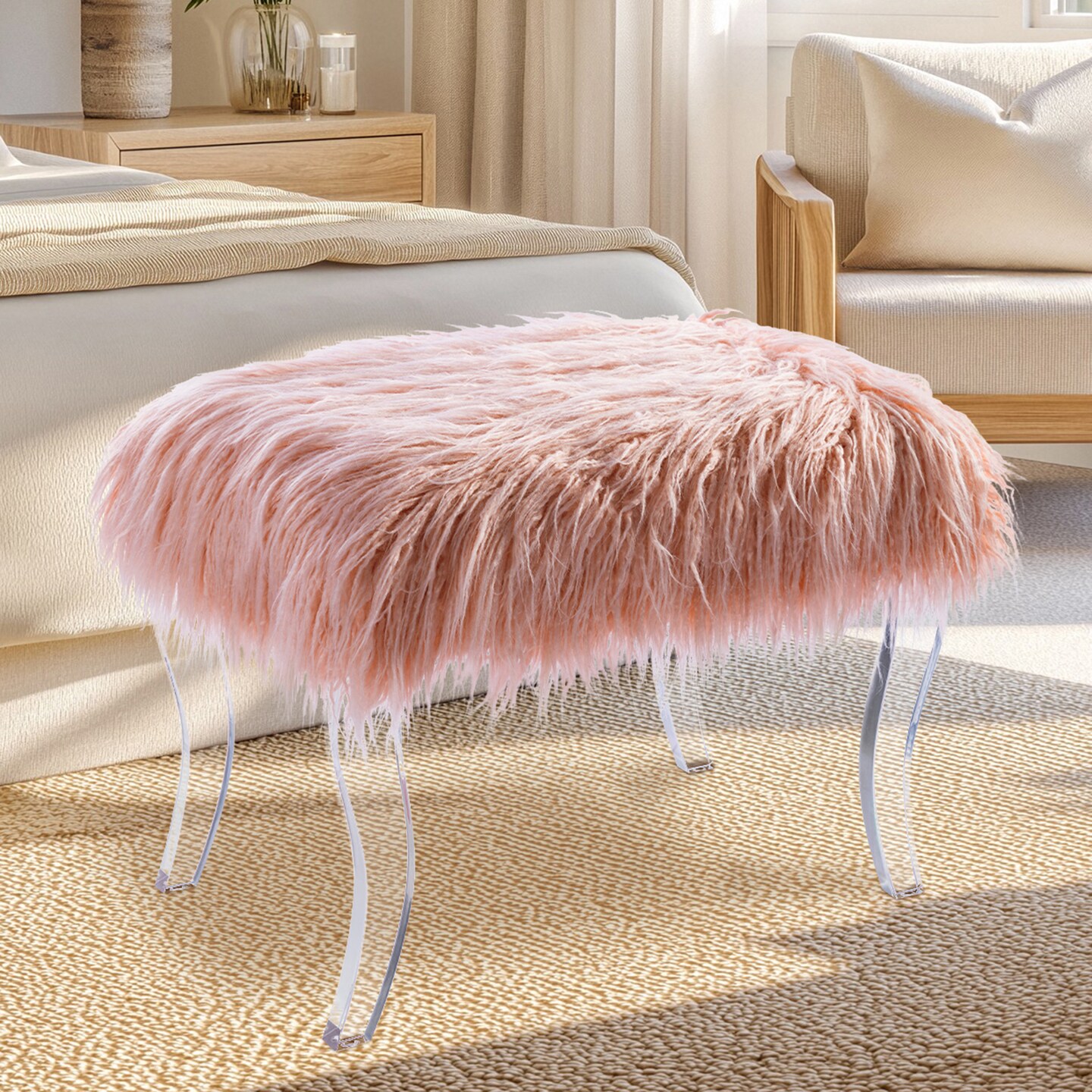 24.00&#x22;L/25.50&#x22;L Pink Faux Fur Acrylic Bench