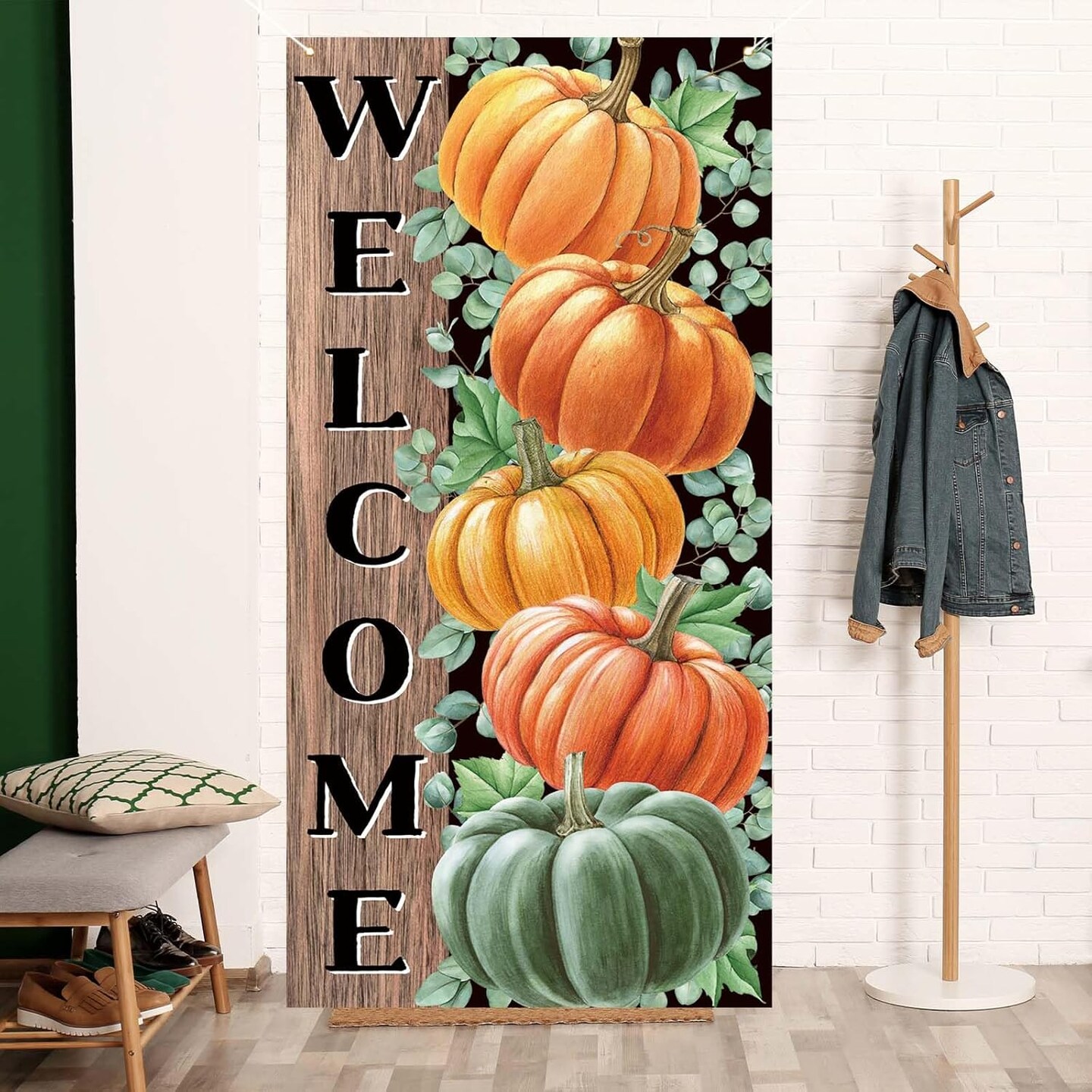 Fall Pumpkin Eucalyptus Door Cover for Front Porch,7236in