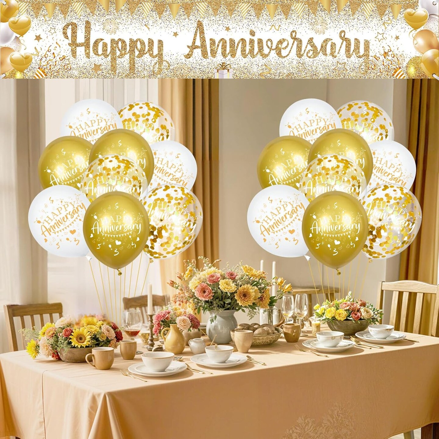 Happy Anniversary Decorations - Banner, White Gold with 18pcs Balloons & Confetti Set (White Gold Happy Anniversary)