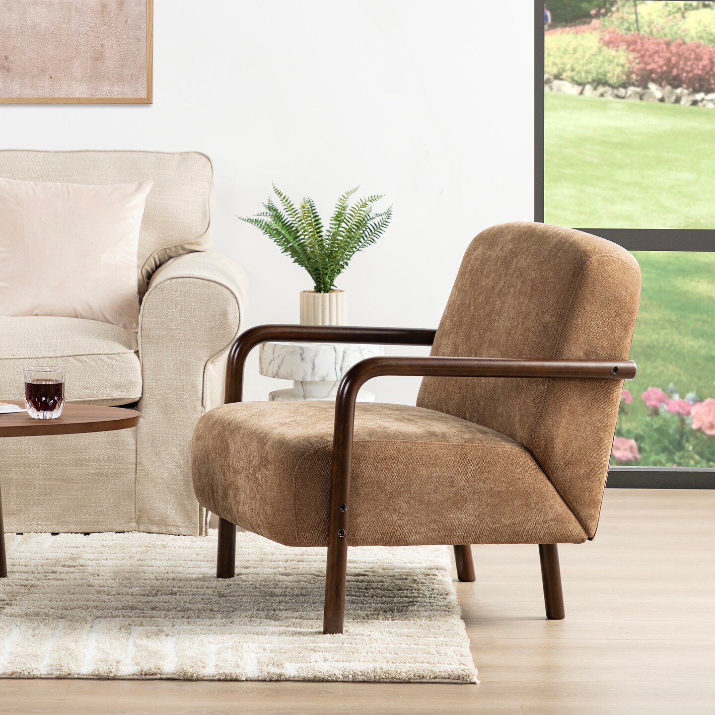 Mid-Century Modern Brown Fabric Thick Armchair with Walnut Rubberwood Frame