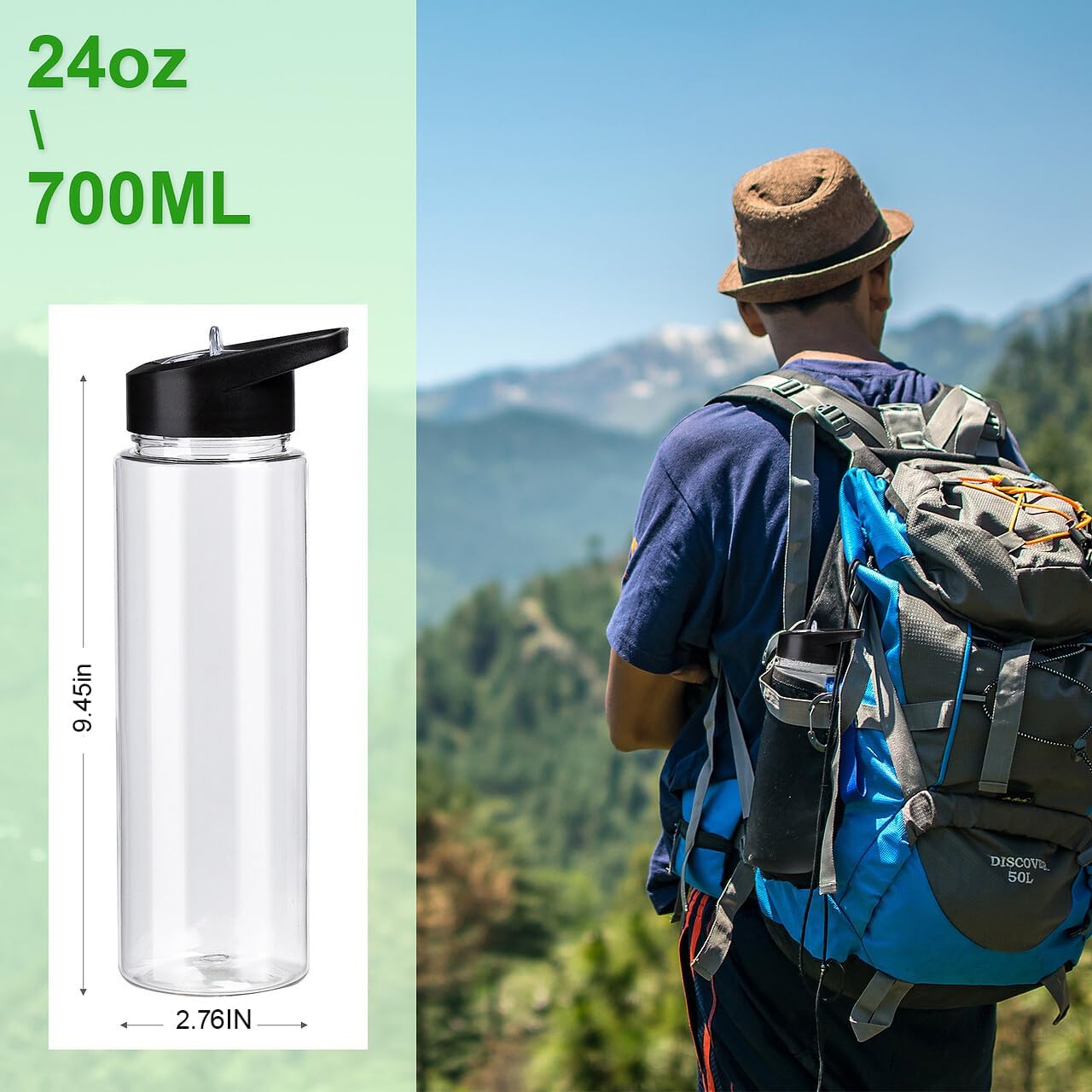 6 Pack 24 oz Clear Water Bottles with Straw