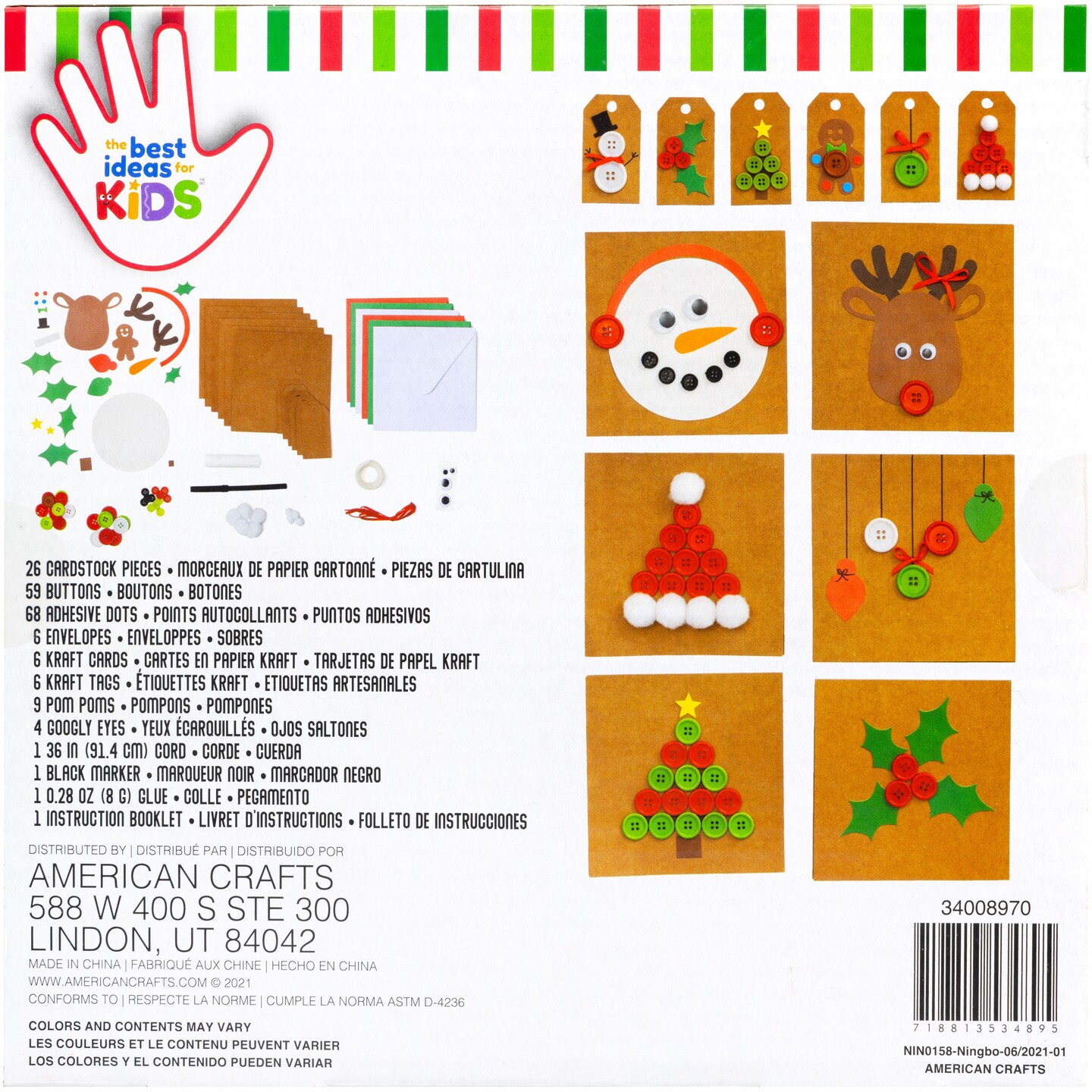 Colorbok Kids Holiday Christmas PDQ 4/Pkg-Holiday Button Craft Cards