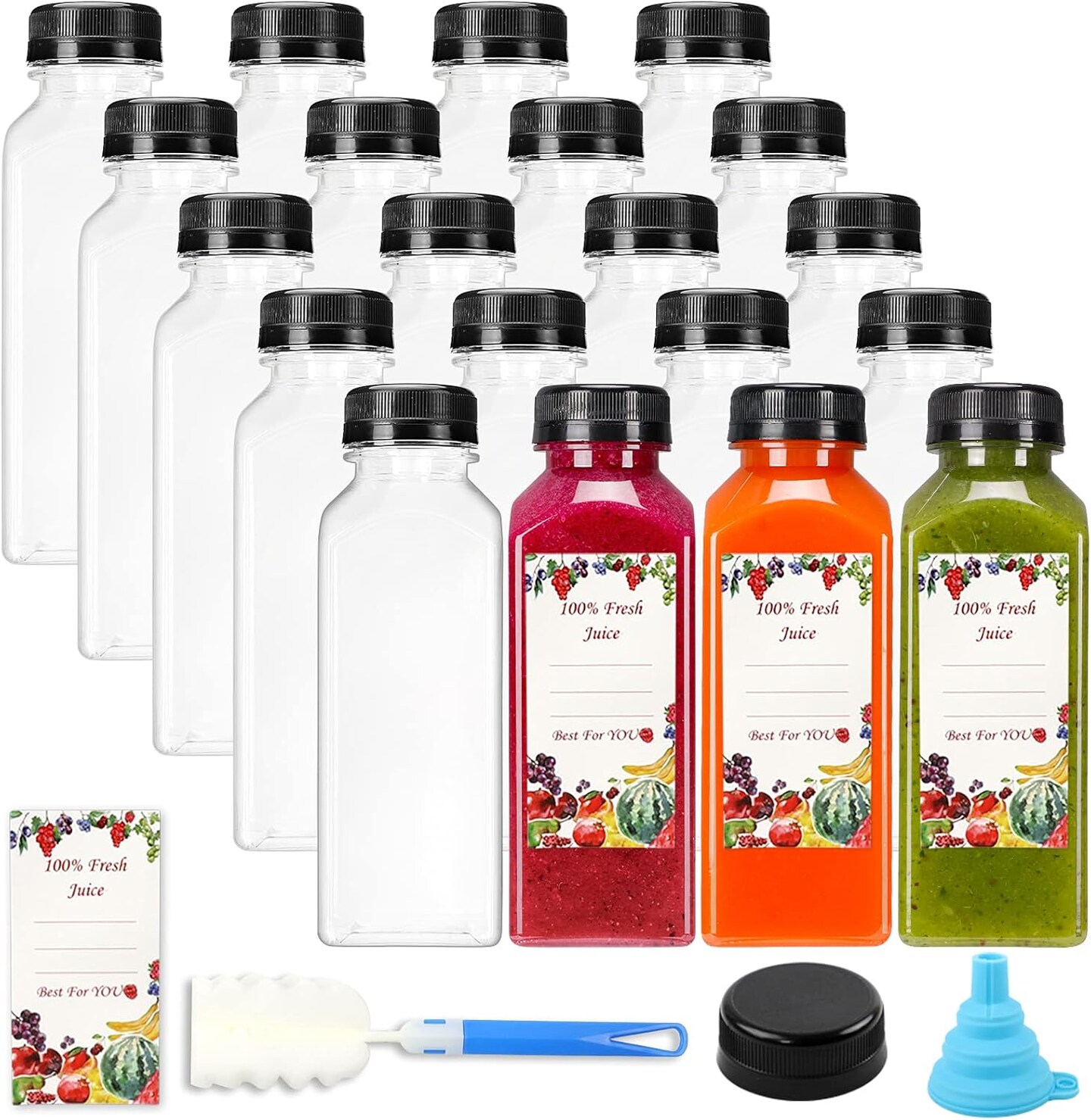 20pcs 12oz Plastic Juice Bottles with Caps, Reusable Juicing Bottles (Clear, Black)