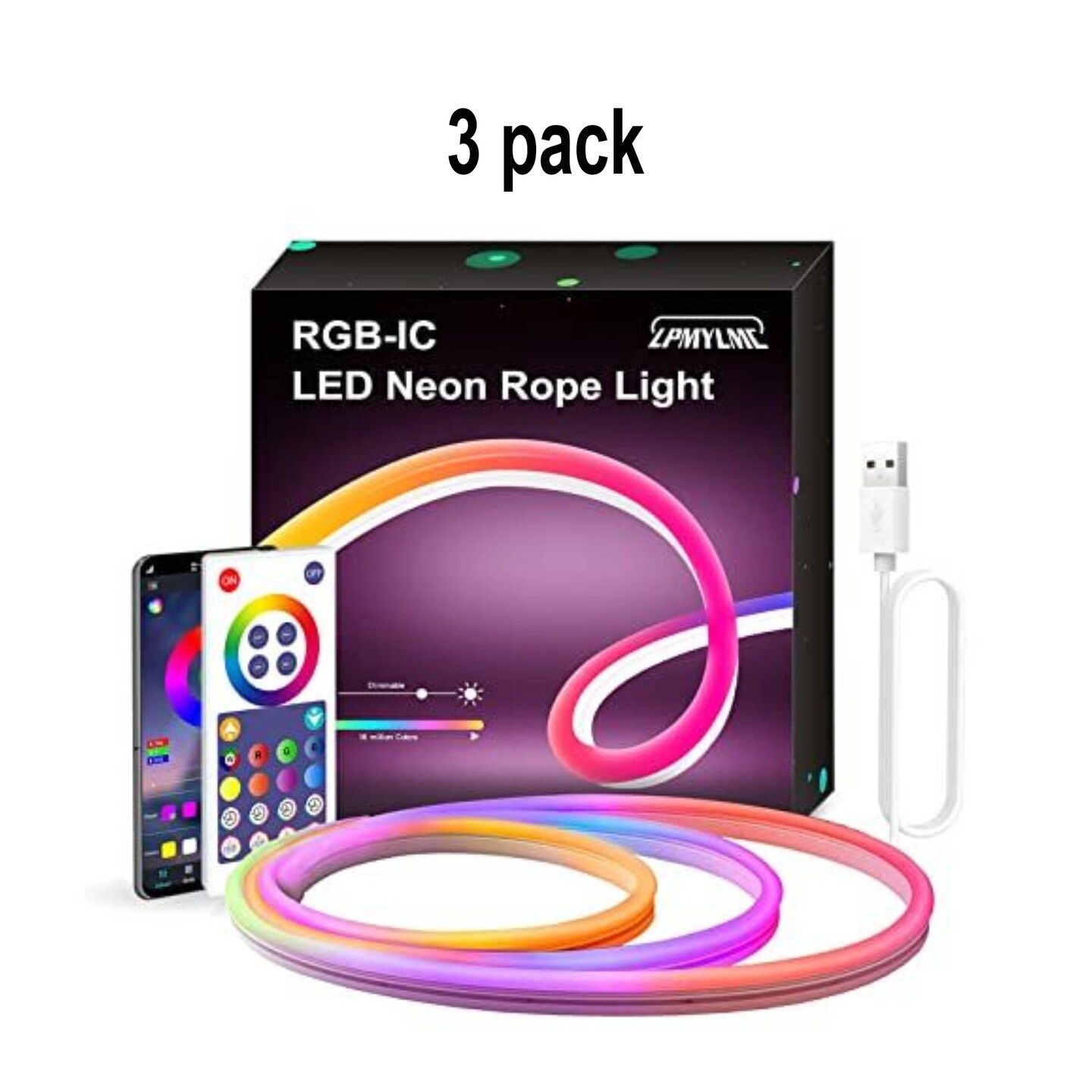 16ft Flexible RGBIC Neon Rope Light — Music Sync, Remote & Power Adapter