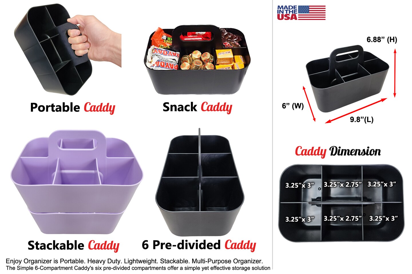 Enjoy Organizer 4 Pack Small Stackable and Portable Simple 6-Compartment Caddy - Made In USA