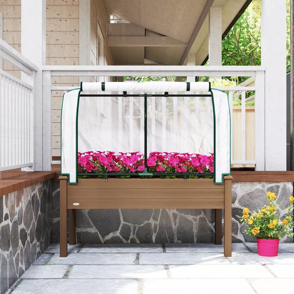 Outdoor Wooden Raised Garden Bed with PE Greenhouse Cover
