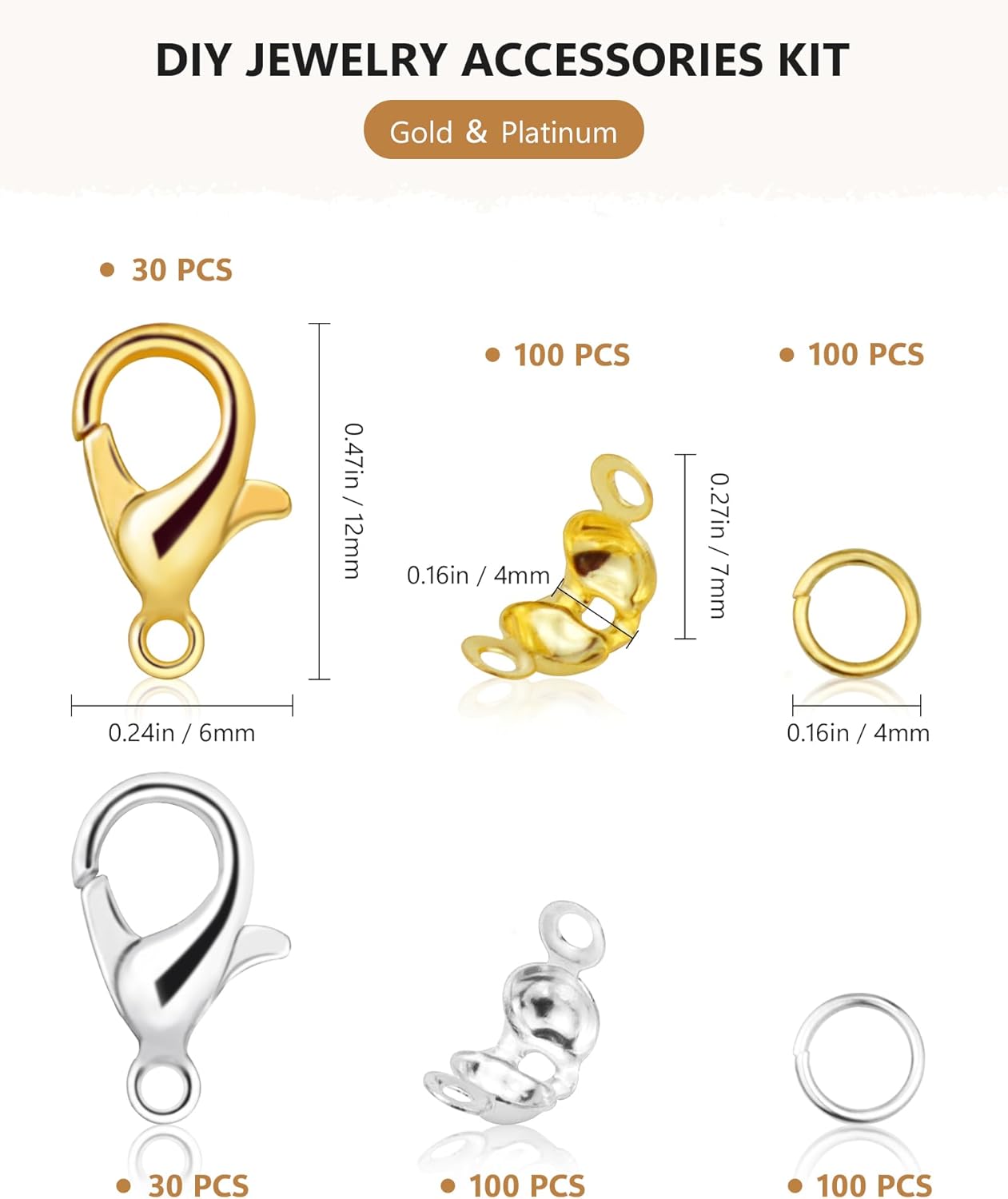 460 Pcs Jewelry Making Accessories 60 Pieces Lobster Claw Clasps(Gold, Platinum)