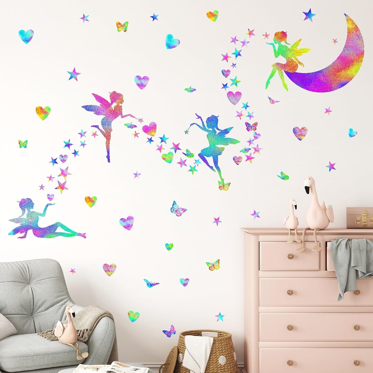 Colorful Fairy Wall Stickers Cute Heart Wall Stickers Butterfly Star Wall Stickers Girly Wall Decals Peel and Stick Pink Purple Fairy Wall Decals for Girls Bedroom Nursery Decor