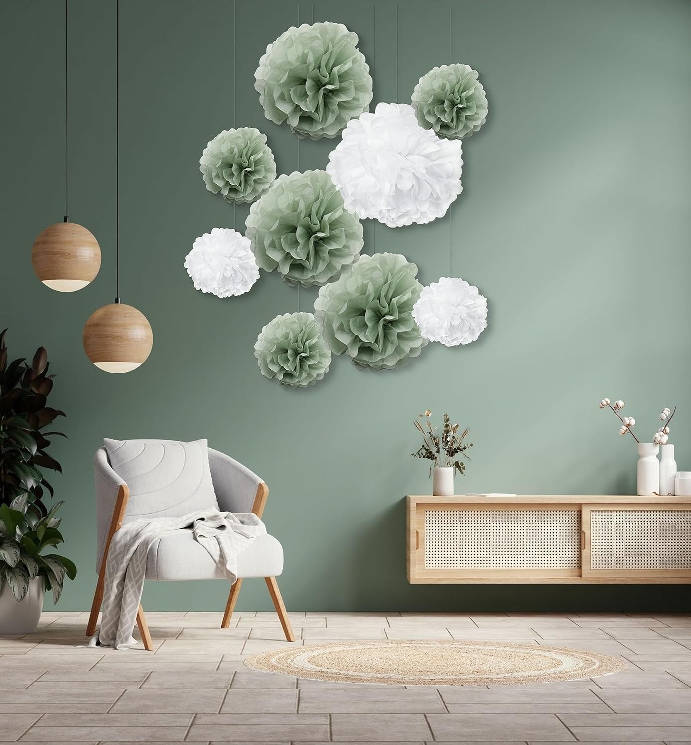 9PCS Dusty Sage Green White Large Tissue Paper Pom Poms Pastel Boho Flowers Wall Hanging Backdrop Centerpieces for Botanical Greenery Baby Shower Wedding Birthday Nursery D&#xE9;cor
