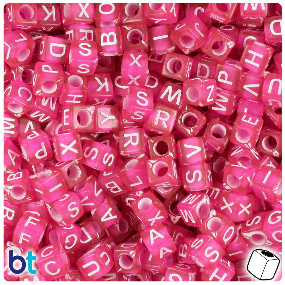 BeadTin Dark Pink Transparent 6mm Cube Plastic Alpha Beads - White Letter Mix (200pcs)