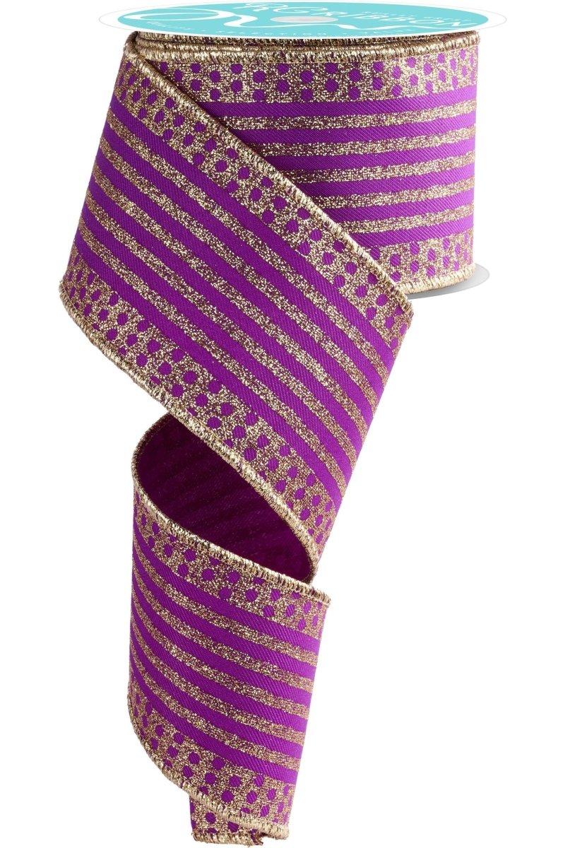 2.5&#x22; Vertical Stripe Polka Dot Edge Ribbon: Purple/Gold