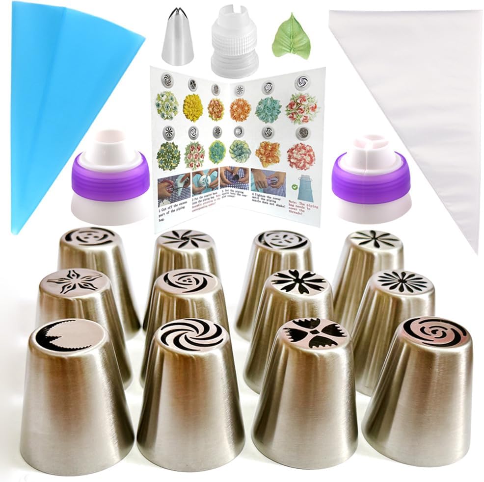 Russian Piping Tips Set, 48PCS Flower Piping Tips for Cake Decorating Large Frosting Piping Kit Icing Bags and Tips Set, Pastry Bags and Tips Cupcake Decorating Kit Cookie Baking Supplies and Tools