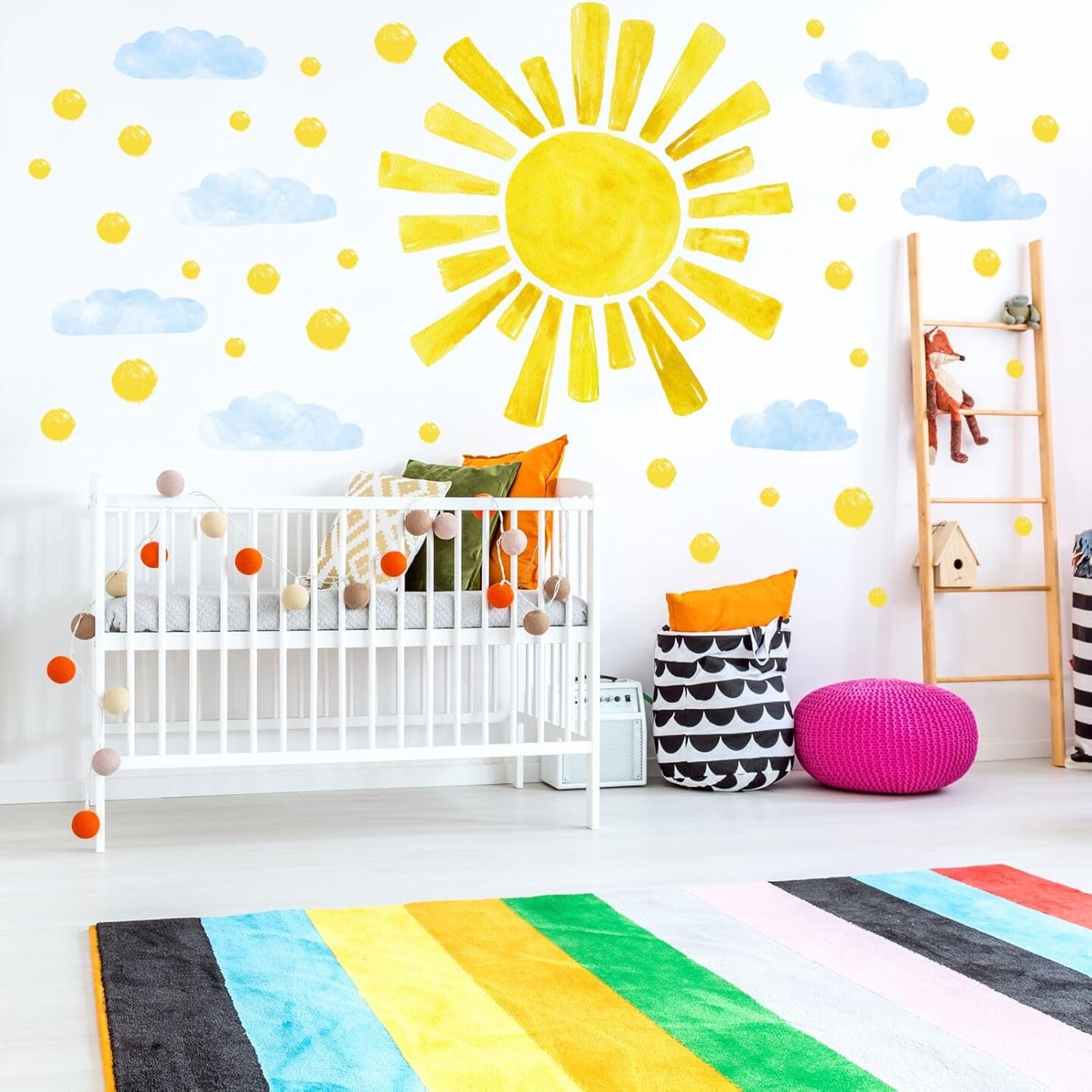 Large Sun Wall Decals Cloud Polka Dots Wall Stickers for Girls Room, 12 Sheets Watercolor Sun Wall Decor Stickers Cute Cloud Wallpaper Delicate Wall Decorations for Kids Room Bedroom