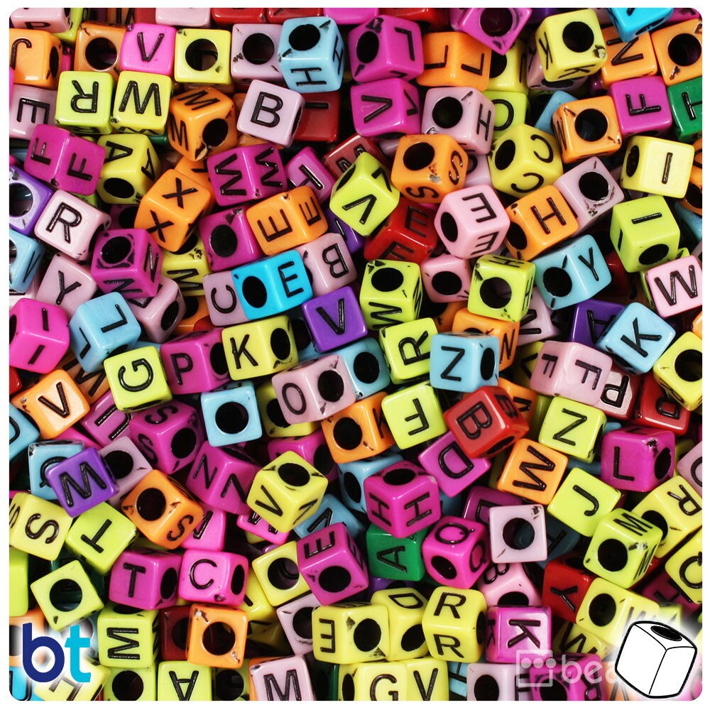 BeadTin Mixed Opaque 6mm Cube Plastic Alpha Beads - Black Letter Mix (200pcs)