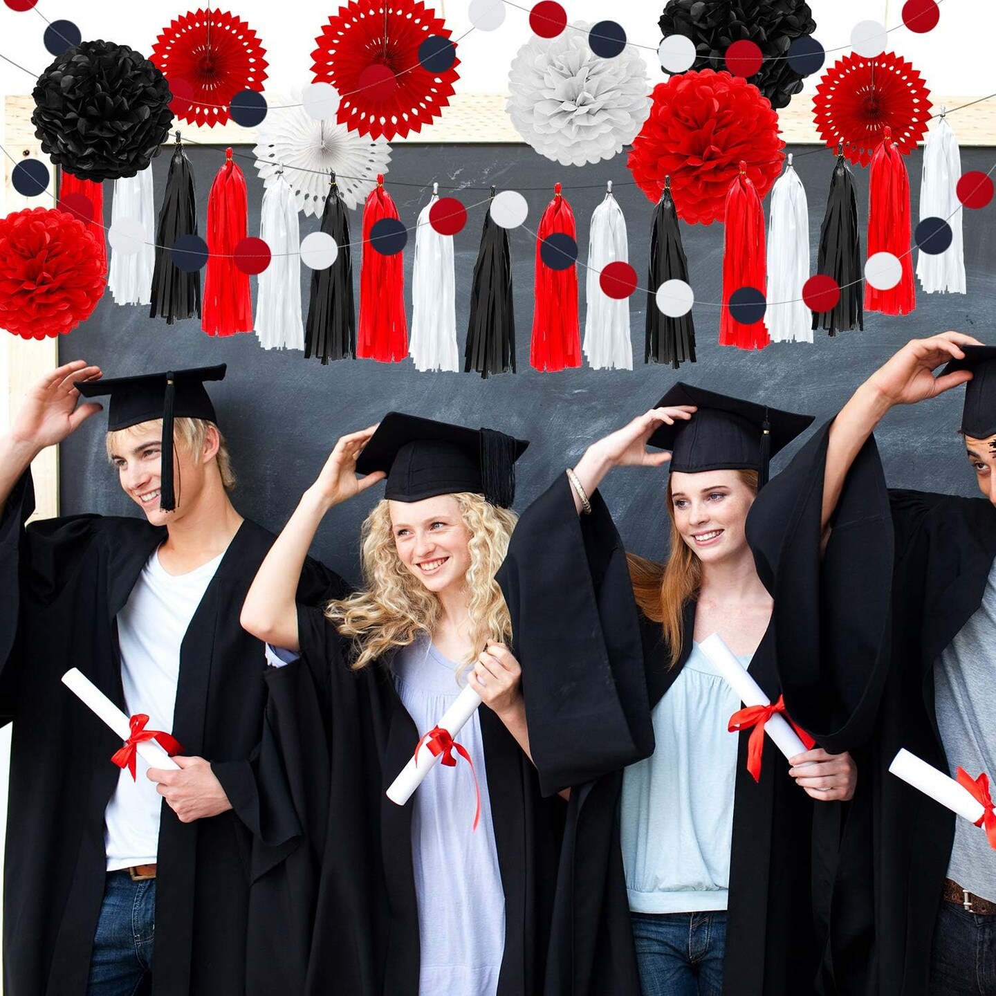 29 Pcs Red and Black Decorations Mouse Paper Decoration Fan Pom Pom Honeycomb Flower Tissue Tassel Garland Theme Party Supplies for Graduation Birthday(White, Red, Black)