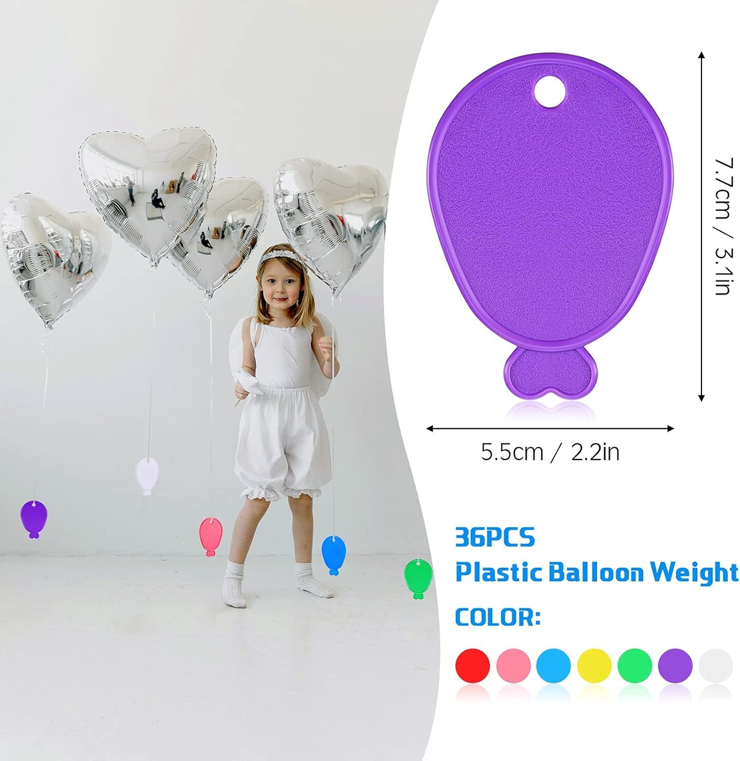 Aoriher Colorful Plastic Balloon Weights Balloon Shaped Weights for Party Celebration Decoration Supplies, White Purple Red Green Yellow Blue Pink (36 Pcs)