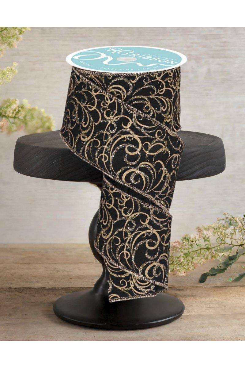 2.5&#x22; Multi Swirls Glitter Ribbon: Black/Gold (10 Yard)
