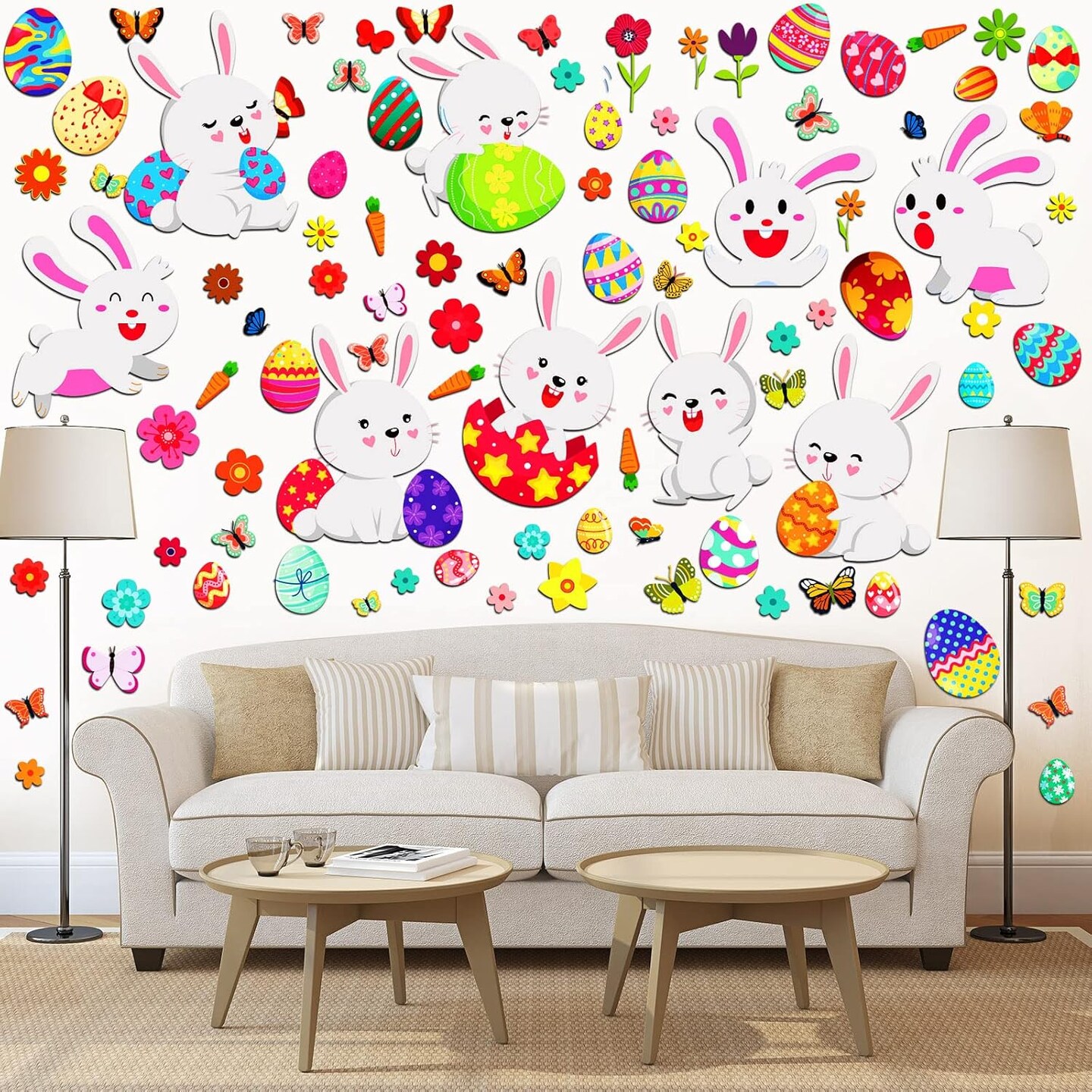 103-Piece Easter Wall Decals – 6 Sheets of Bunnies & Eggs Stickers for Bedroom, Living Room & Home Decor