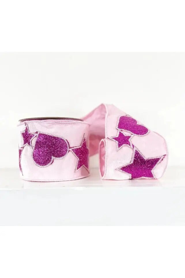 4&#x22; Hearts and Stars Velvet Ribbon: Light Pink (5 Yards)