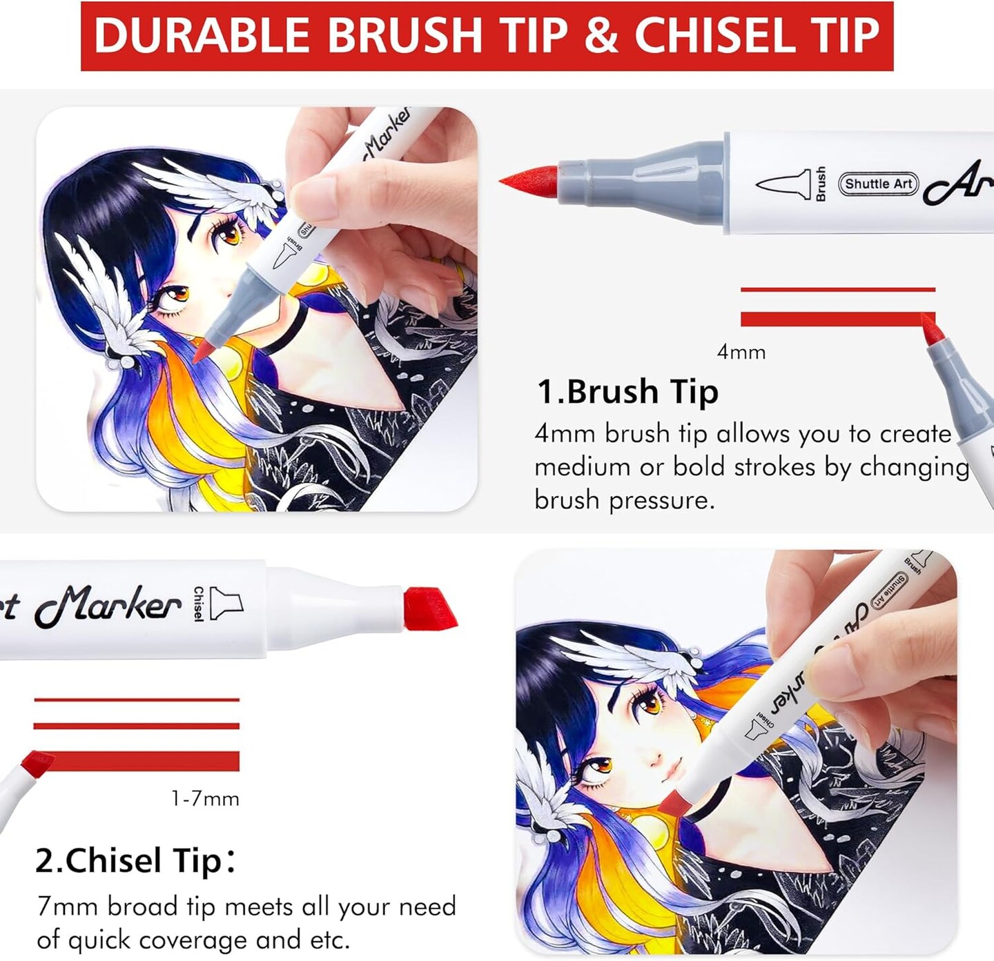 Art Alcohol Markers Brush tip, Dual Tip Brush &#x26; Chisel Tip Art Marker Set, 50 Colors plus 1 Blender Permanent Marker Pens with Case Perfect for Illustration Students Adults Coloring