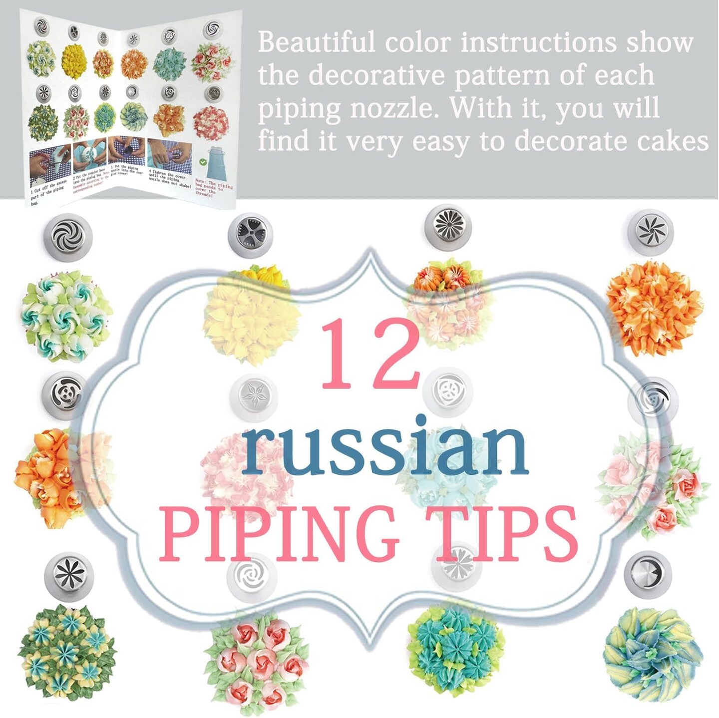 48-Piece Russian Piping Tips Set – Flower Decorating Kit with Icing & Pastry Bags for Cakes & Cupcakes