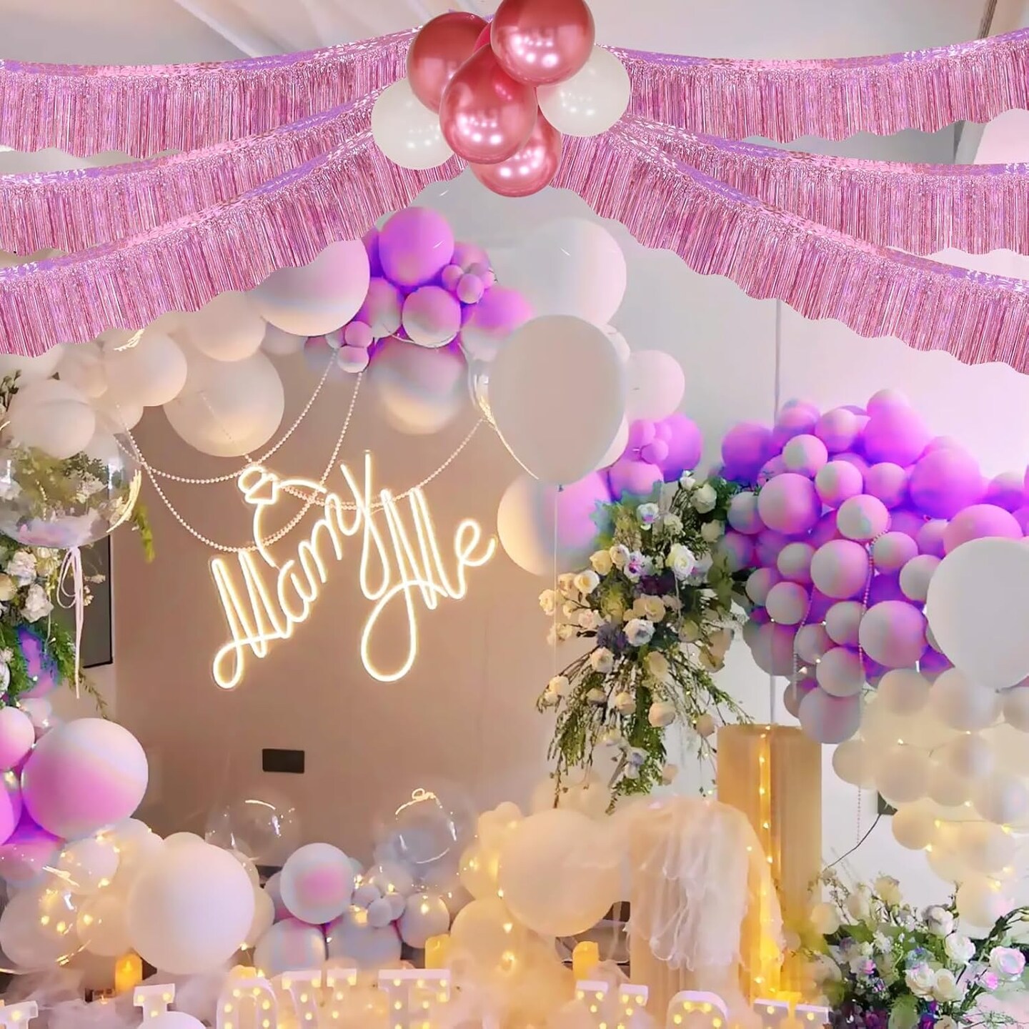 6 Pack Pink Foil Fringe Garland Birthday Party Decorations, 59Ft Metallic Tinsel Streamers Banner, Glitter Photo Booth Prop Table Skirt for Wedding Parade Float Gender Reveal Party Decor