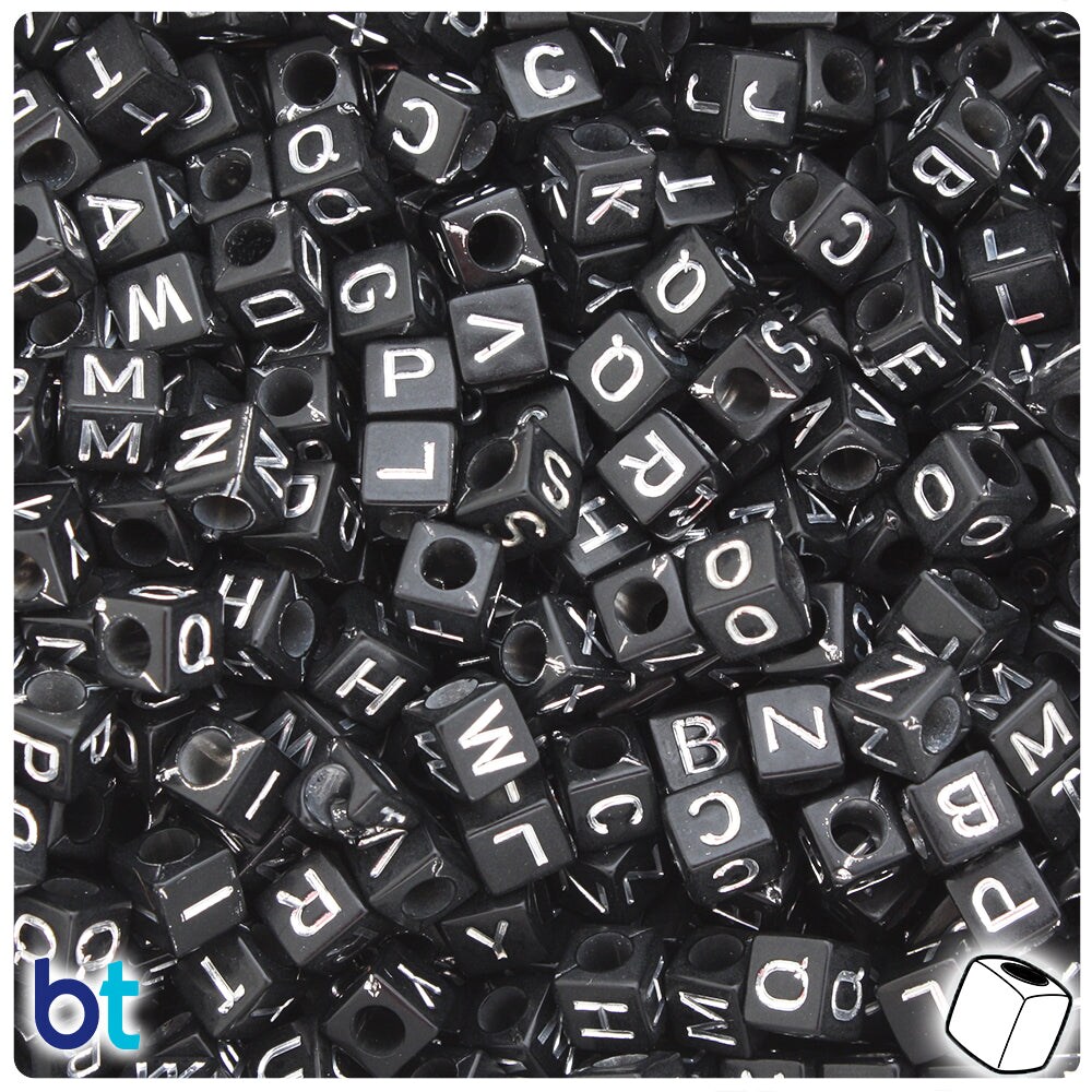 BeadTin Black Opaque 6mm Cube Plastic Alpha Beads - Silver Letter Mix (200pcs)