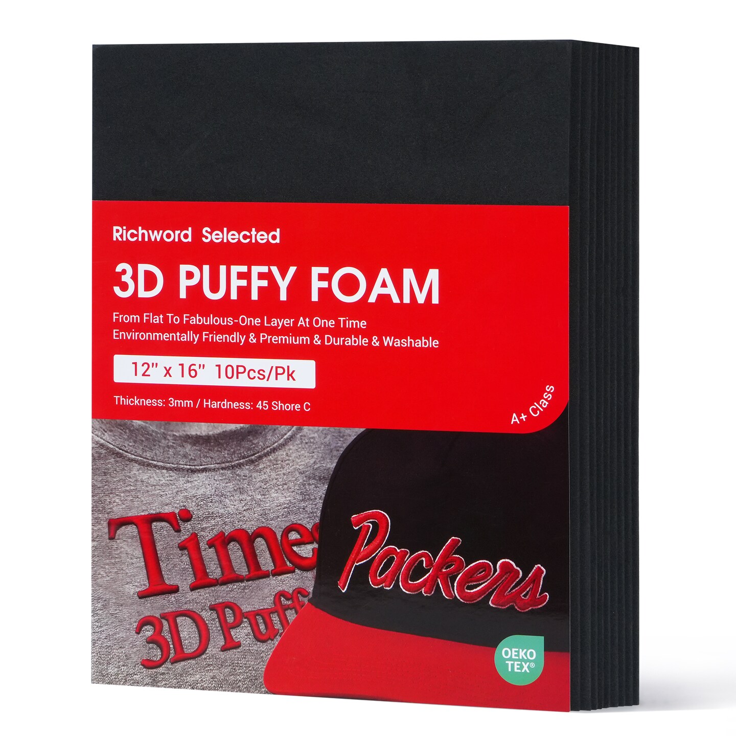 Richword Selected 3D Embroidery Puffy Foam, 3mm Thick, White & Black, 6 x 8 in and 12 x 16 in Sheets, 10PCS Each, Perfect for Caps, Hats, Jackets, Bags, Custom Logos and Garments