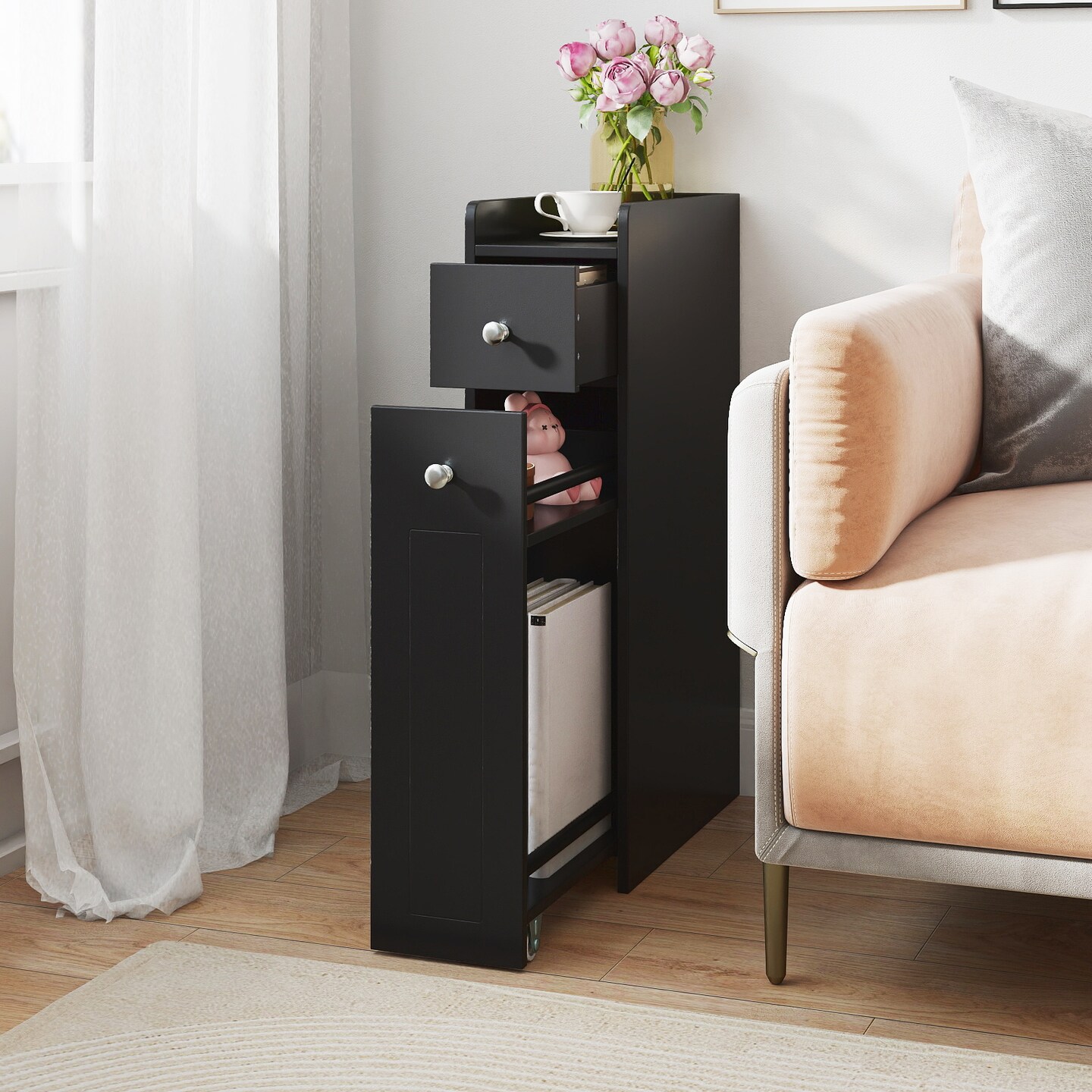 Bathroom Organizer Cabinet 4-Tier with Rolling Slide-Out Drawers