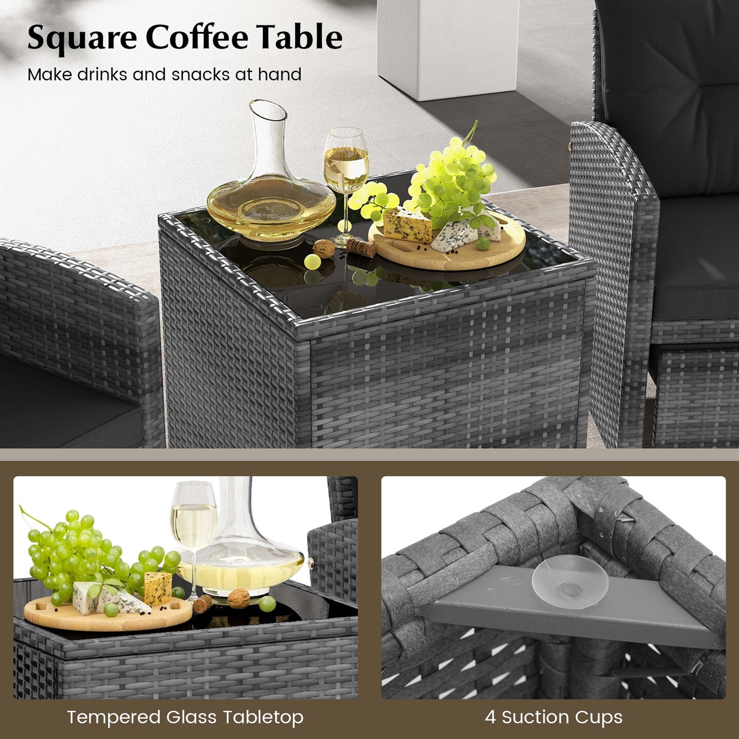Costway 5 Piece Patio Rattan Furniture with 2 Ottomans & Tempered Glass Coffee Table Black/Grey/Navy/Beige/Red