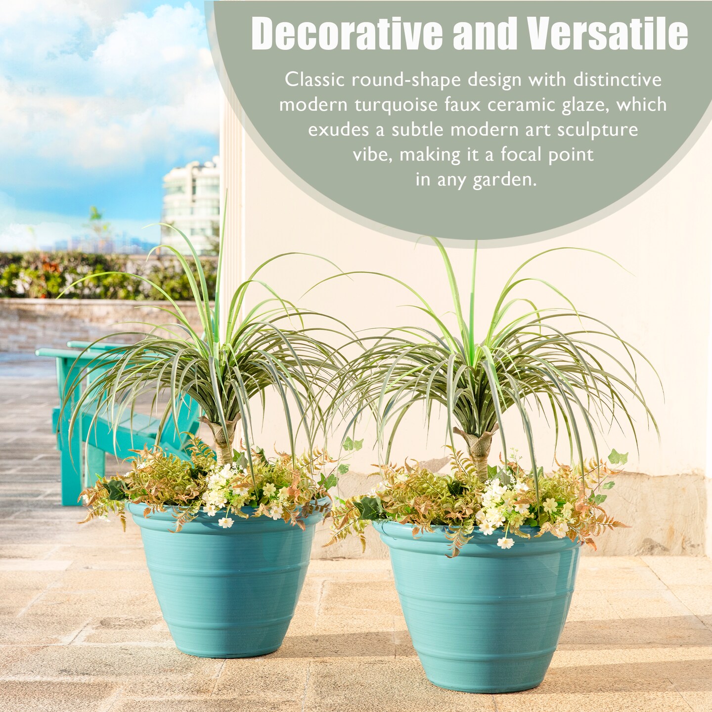 19.5"D Set of 4 Round Turquoise Faux Ceramic Pot Plastic Planter