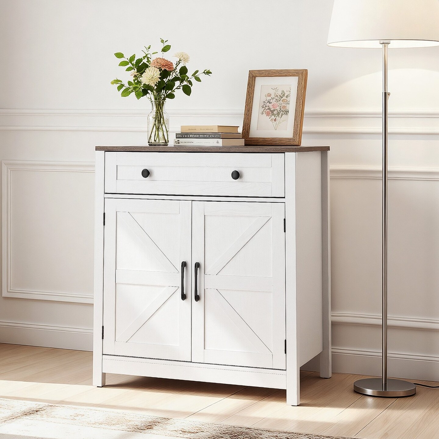 Grey Farmhouse Coffee Bar Cabinet with Drawer and 2 Barn Doors Sideboard