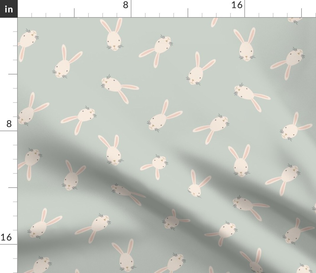 Spring Rabbit Playful Rustic Easter Bunny Neutral Baby Cream Non Directional Whimsical Nursery Kids Easter Bunny Springtime Animals Sage Green Custom Printed Fabric by Spoonflower Various Fabrics by the Yard or Fat Quarter