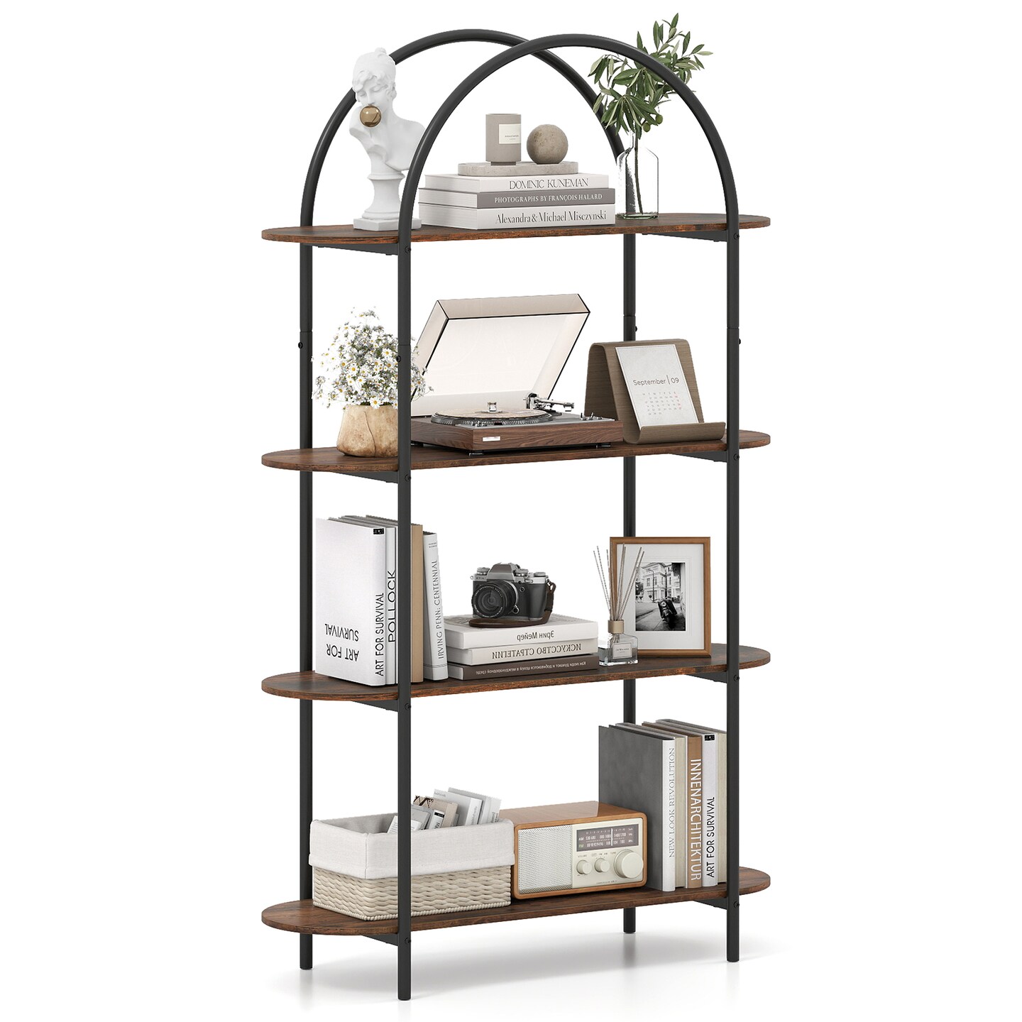 Rustic Metal & Wood 4-Tier Arched Bookshelf Stylish Home Storage & Display