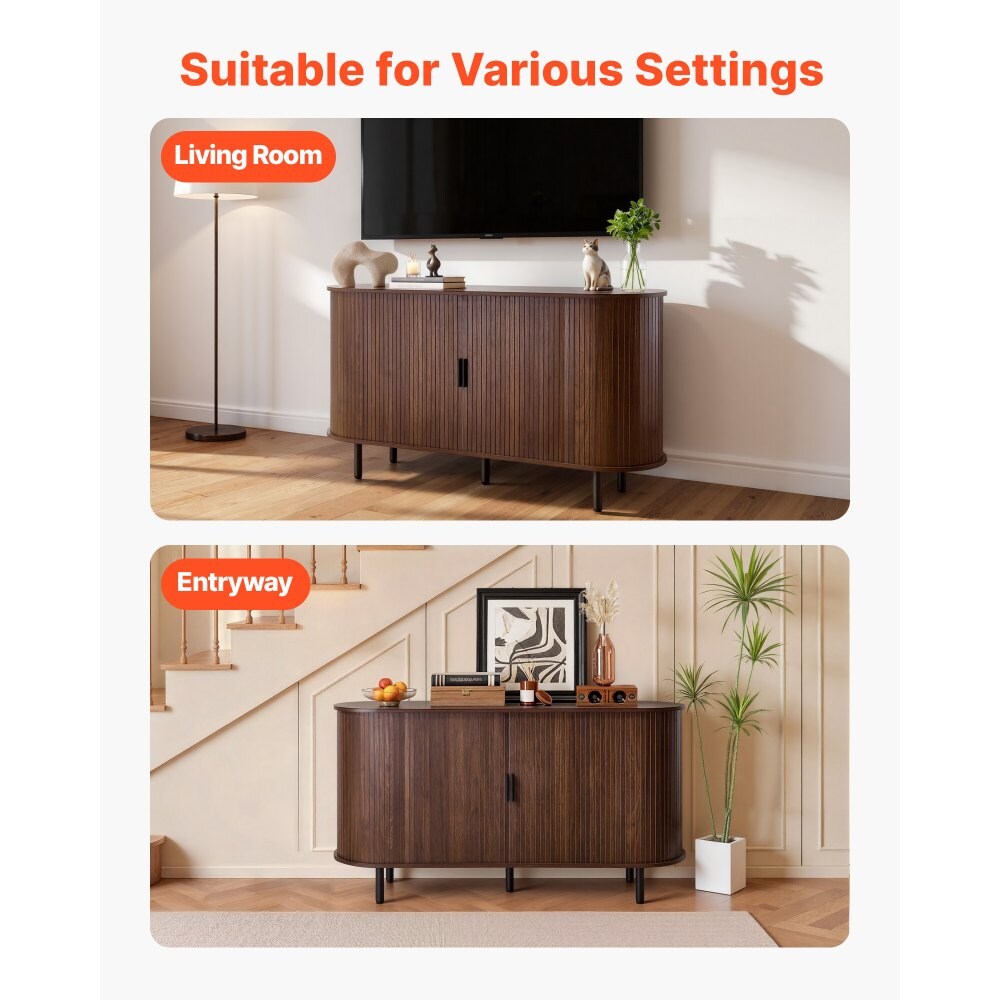 Walnut Mid-Century Fluted Coffee Bar Cabinet with 2 Sliding Doors Sideboard