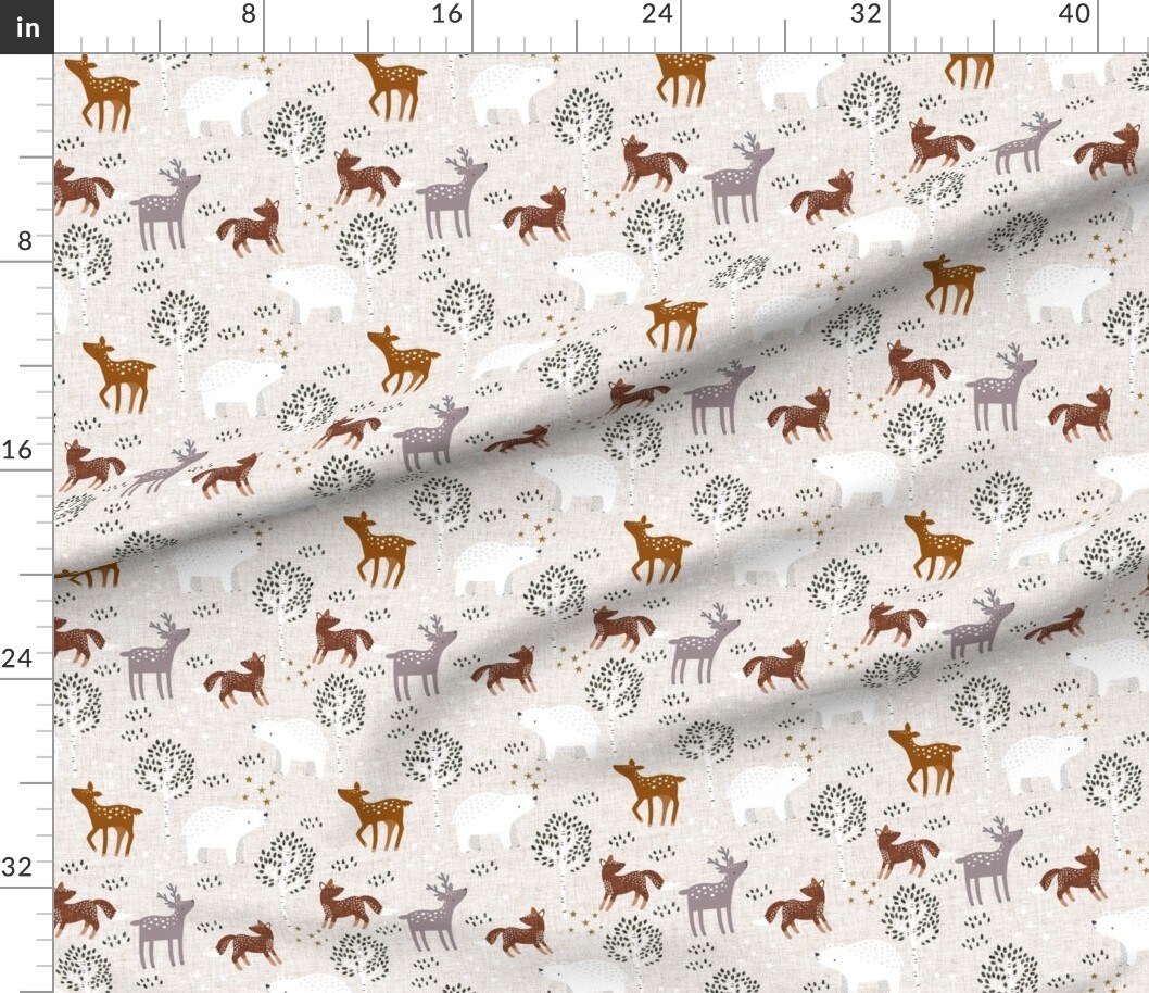 Woodland Trees Deer Bear Forest Reindeer Fox Animals Custom Printed Fabric by Spoonflower Various Fabrics by the Yard or Fat Quarter