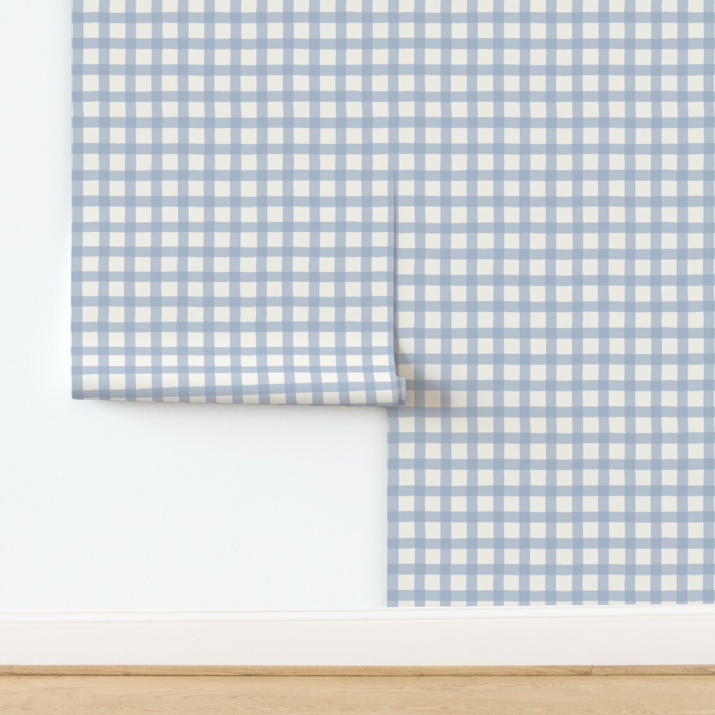 Modern Farmhouse Hand Painted Watercolor Check Texture Lines Stripes Soft Blue Plaid Gingham Rustic Country Playful Classic Kitchen Custom Pre-pasted Wallpaper by Spoonflower Pre-Pasted Wallpaper 2FT Wide