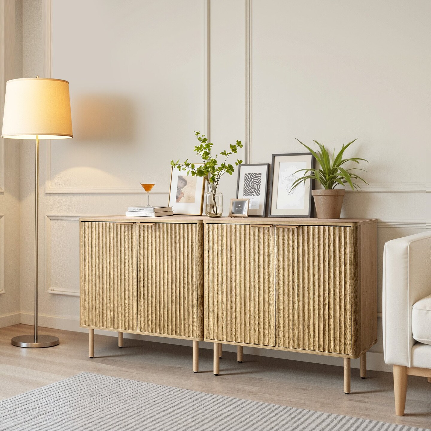 Oak-Gold Fluted Coffee Bar Cabinet Particleboard Rubberwood 3-Shelf