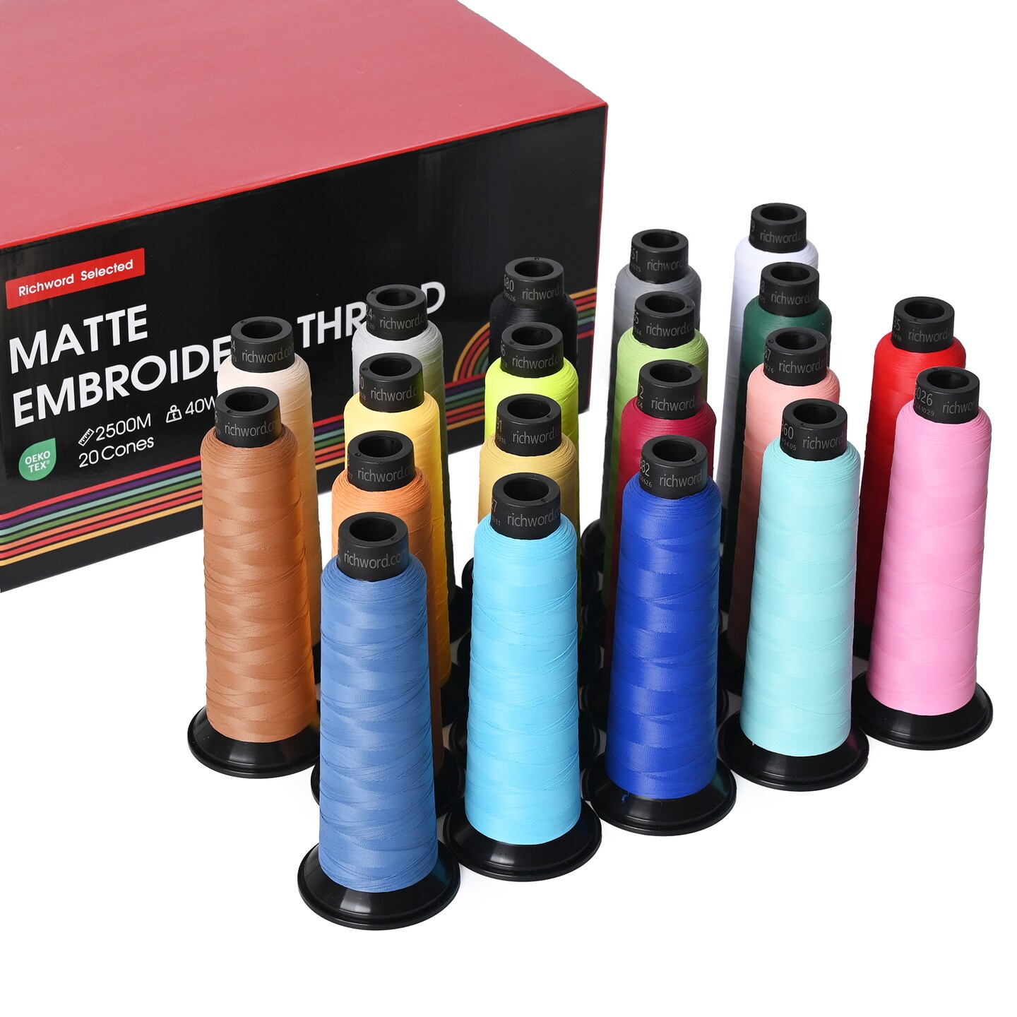 Richword Selected Matte Embroidery Thread, 40WT Polyester, 2500M (2734Y) Cones, 20 Colors, Smooth Non-Shiny Finish for Embroidery Machines