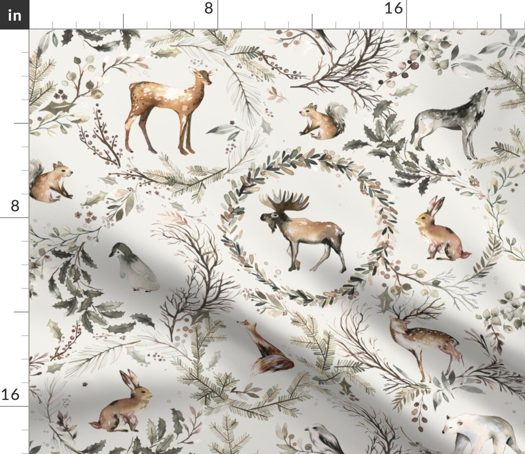 Winter Nature Forest Animals Botanical Nautral Moose Squirrel Fox Deer Forest Animals Custom Printed Fabric by Spoonflower Various Fabrics by the Yard or Fat Quarter