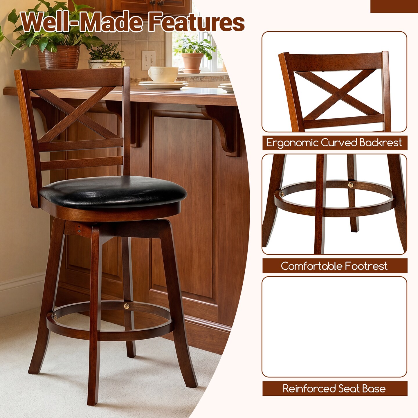 Swivel Counter Bar stools Set of 2 with Backrest and Footrest