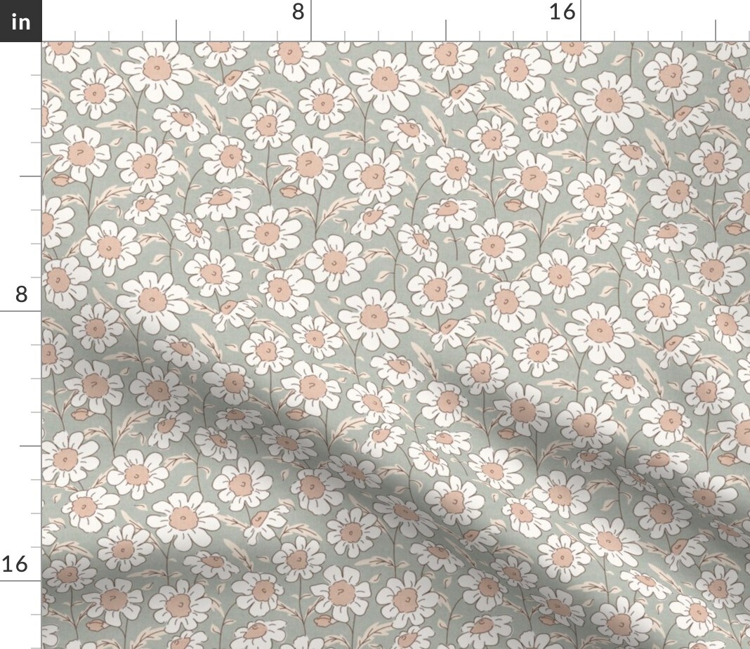 Cottagecore Modern Farmhouse Nursery Bohemian Floral Flowers Daisy Wildflowers Cottage Meadow Garden Baby Girl Hand Drawn Sketched Rustic Custom Printed Fabric by Spoonflower Various Fabrics by the Yard or Fat Quarter