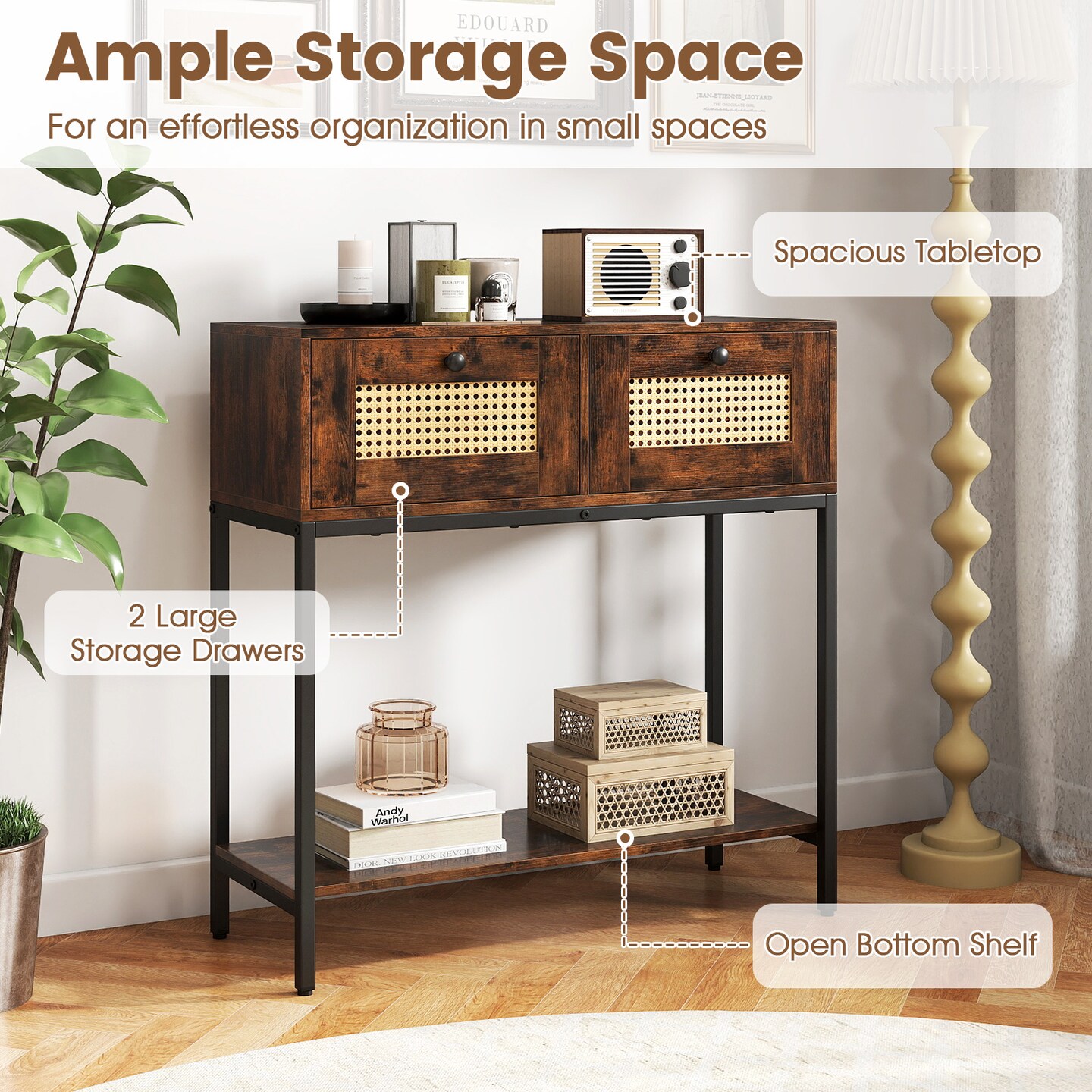 Console Table with 2 Drawers and Storage Shelf, Rattan Front Entryway Table with Metal Legs