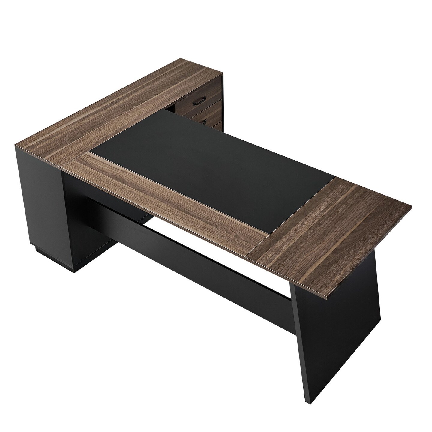 Brown Black L-Shaped Executive Desk with Storage Drawers and Cabinet
