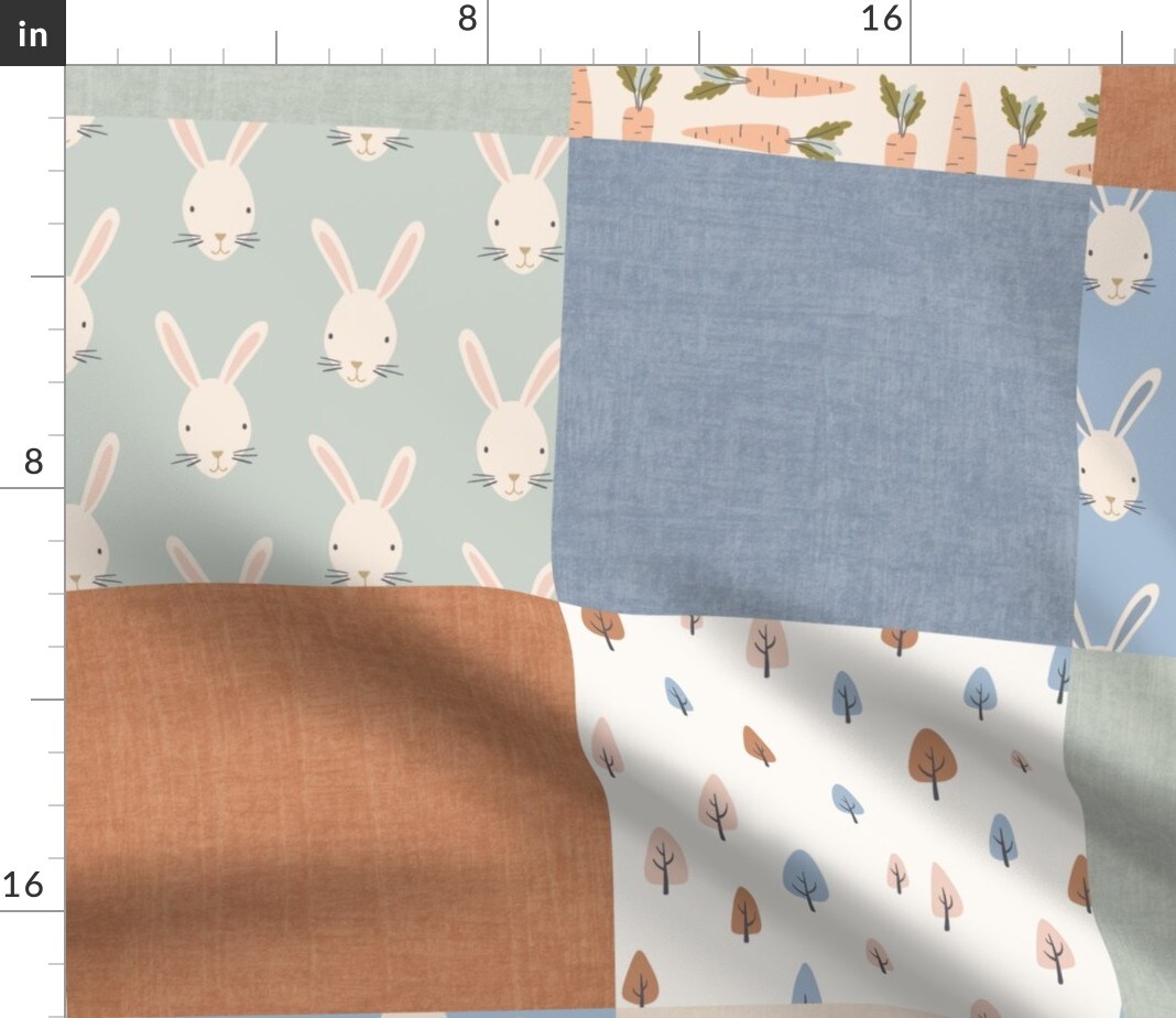 Spring Nursery Bunny Carrot Trees Easter Cheater Quilt Whole Cloth Easter Bunny Garden Veggies Baby Gingham Woodland Forest Novelty Blue Custom Printed Fabric by Spoonflower Various Fabrics by the Yard or Fat Quarter