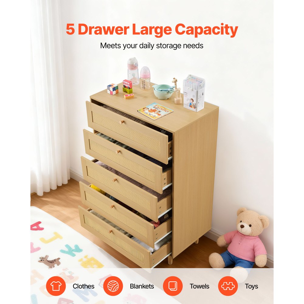 Natural Wood Rattan Dresser 5-Drawer Storage Cabinet Vintage Style