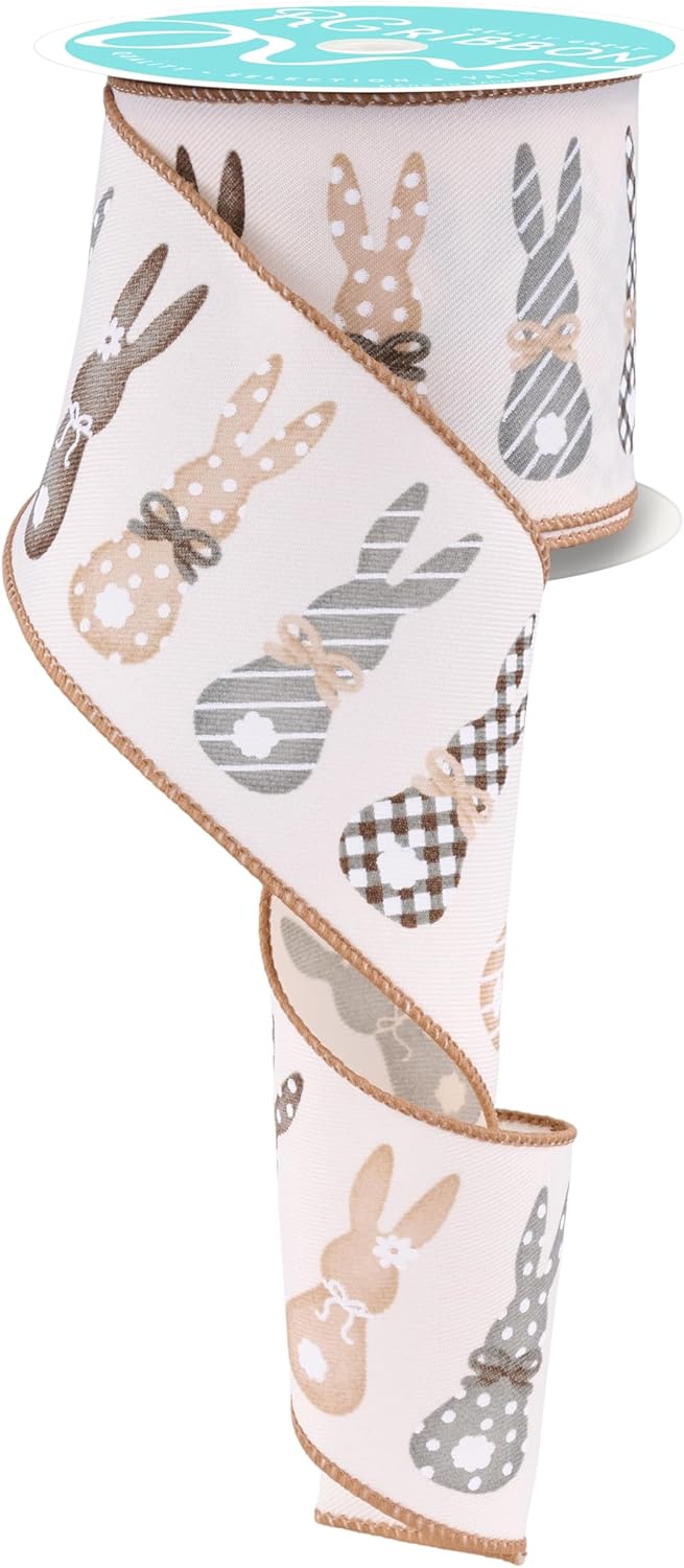 RG Ribbon: Easter Bunny 2.5" Silhouettes Wired Ribbon for Spring and Baby Shower Baskets, Bows, Wreaths, Crafts and Decorations (Ivory, Brown, Grey)