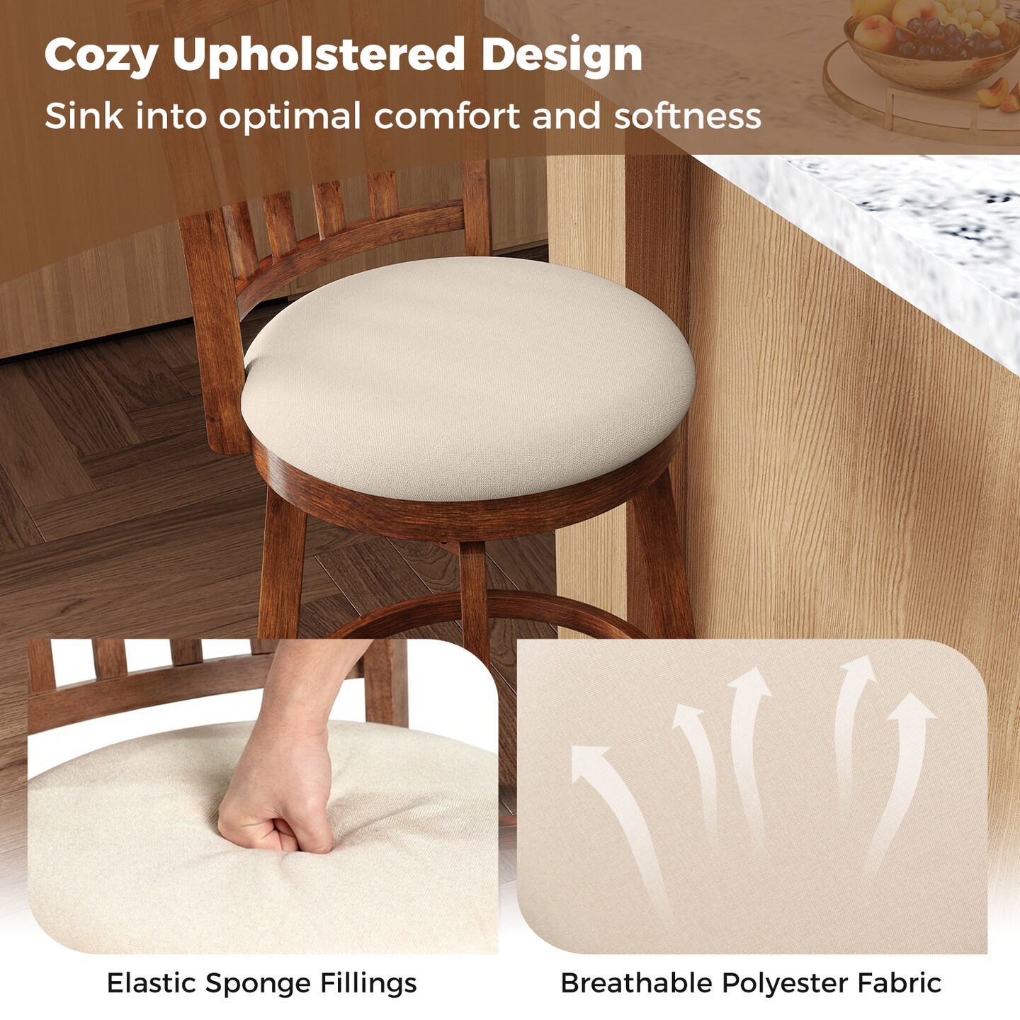 Counter Height Swivel Chairs with Upholstered Seats and Backrest Set of 2