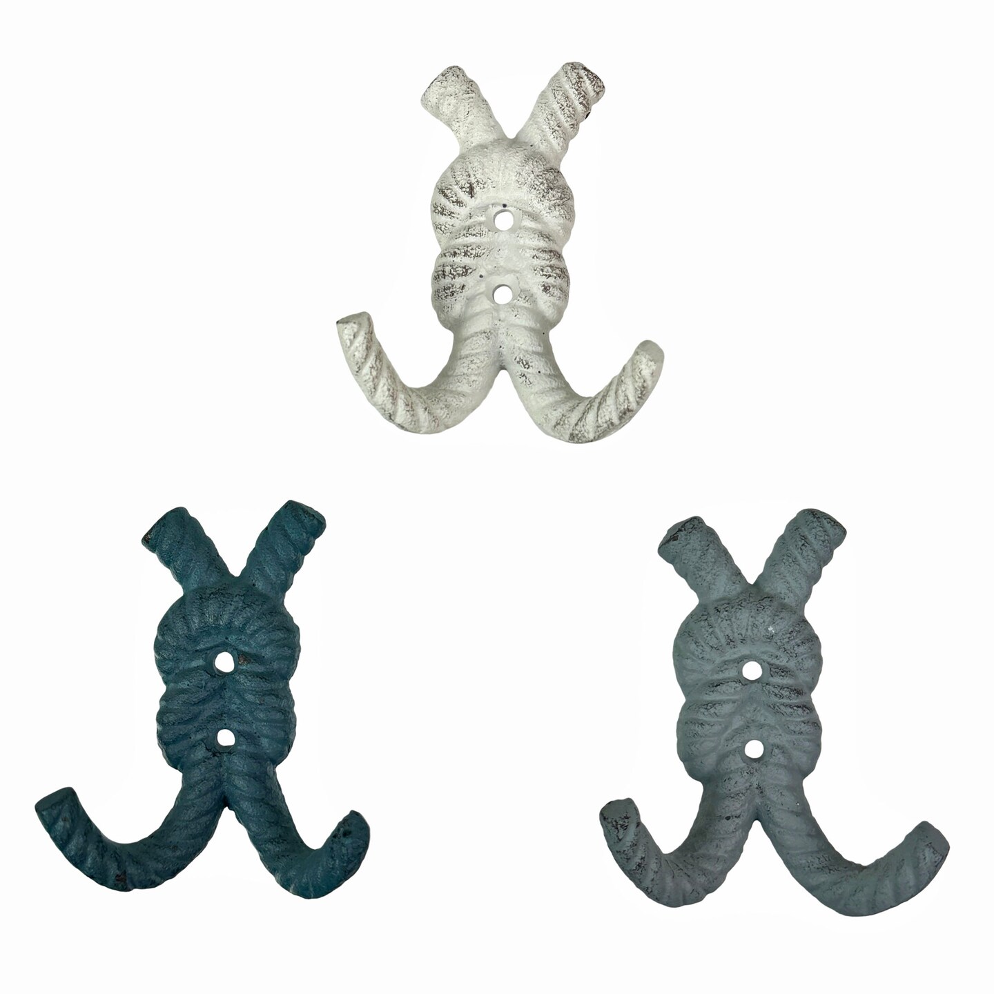 Set of 3 Cast Iron Rope Knot Wall Hooks Nautical Coastal Beach Decor 4 inch